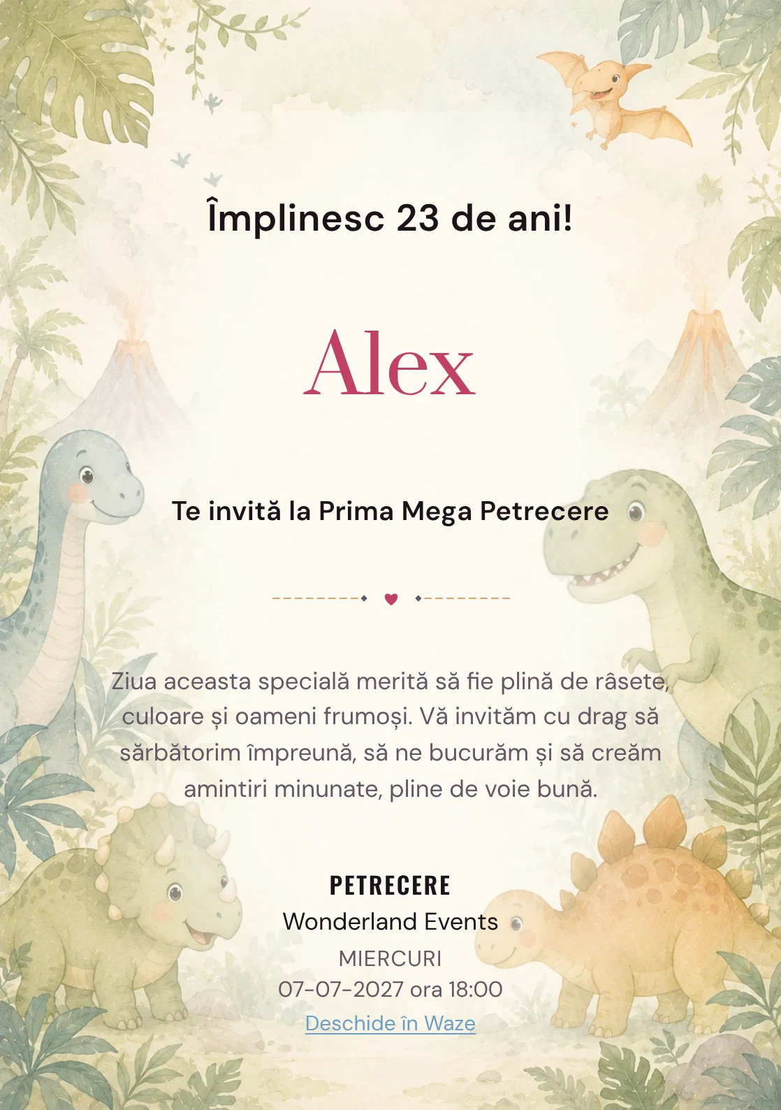 Invitație digitală de zi de naștere Lumea Dino, fundal pastel cu familie de dinozauri, frunze și vulcani soft