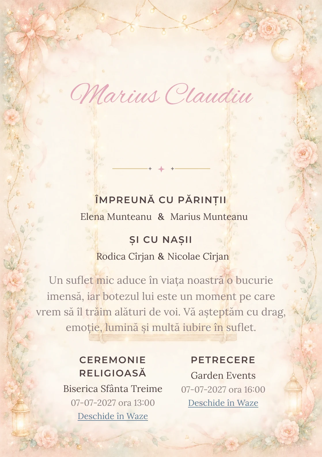 Invitație digitală de botez Lumini de Leagăn, fundal cu leagăn luminos, roz trandafiriu pal, verde mentă, ghirlande fine și panglici și centru luminos pentru text
