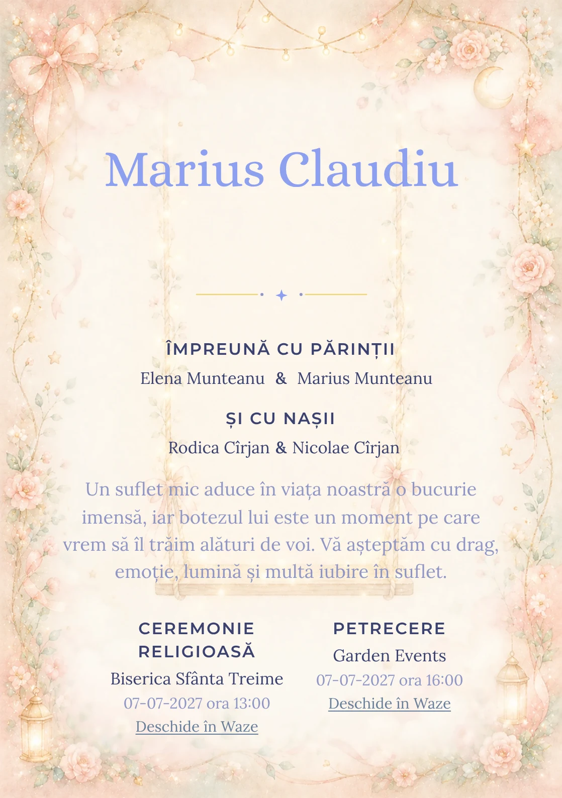 Invitație digitală de botez Lumini de Leagăn, fundal cu leagăn luminos, roz trandafiriu pal, verde mentă, ghirlande fine și panglici și centru luminos pentru text