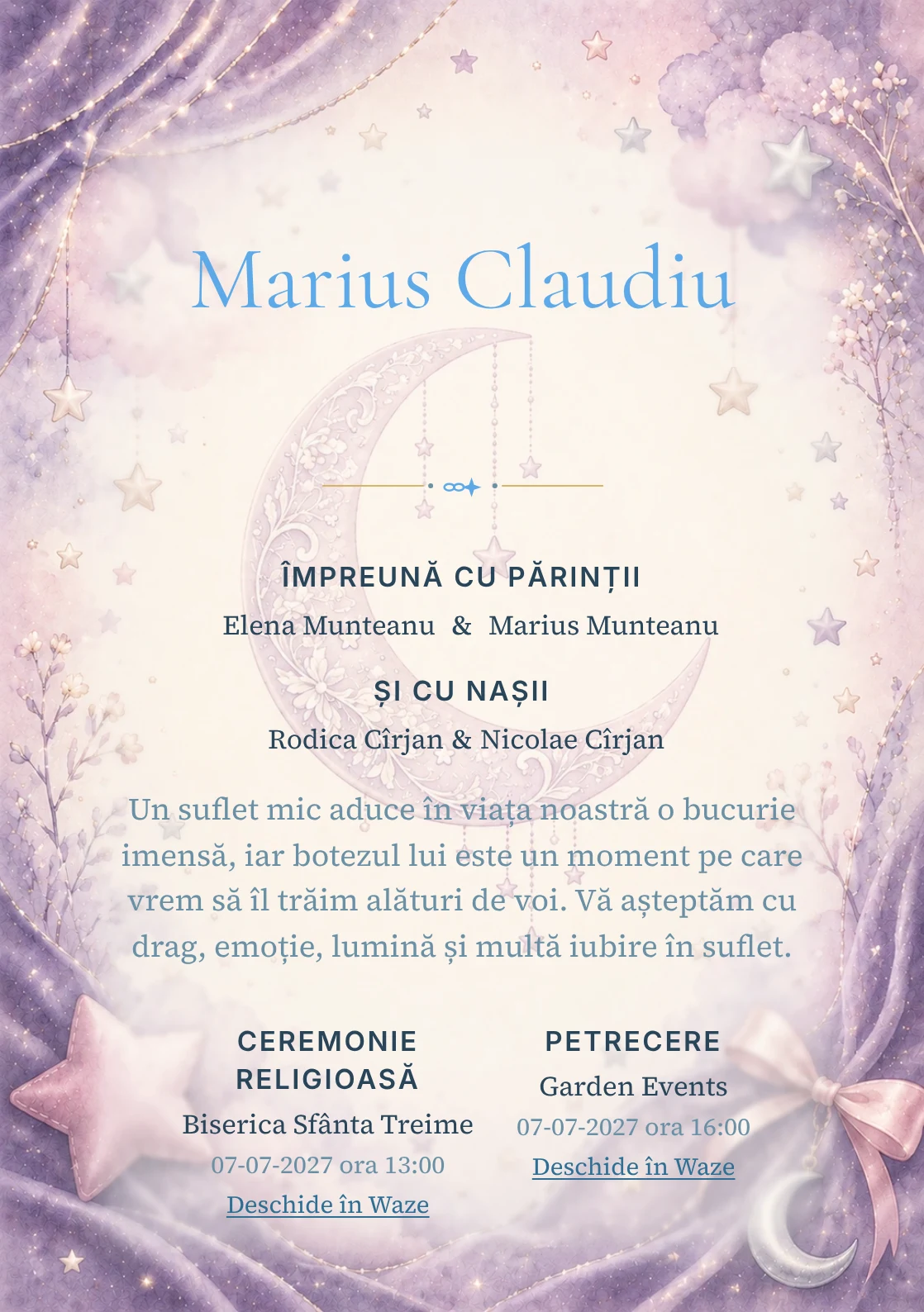 Invitație digitală de botez Lună de Catifea, fundal cu lună catifelată, mov lavandă, roz prăfuit, argintiu pal și stele mate și centru luminos pentru text