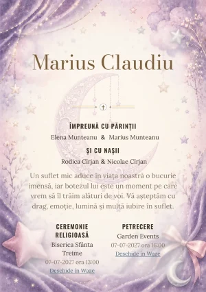 Invitație digitală de botez Lună de Catifea, fundal cu lună catifelată, mov lavandă, roz prăfuit, argintiu pal și stele mate și centru luminos pentru text