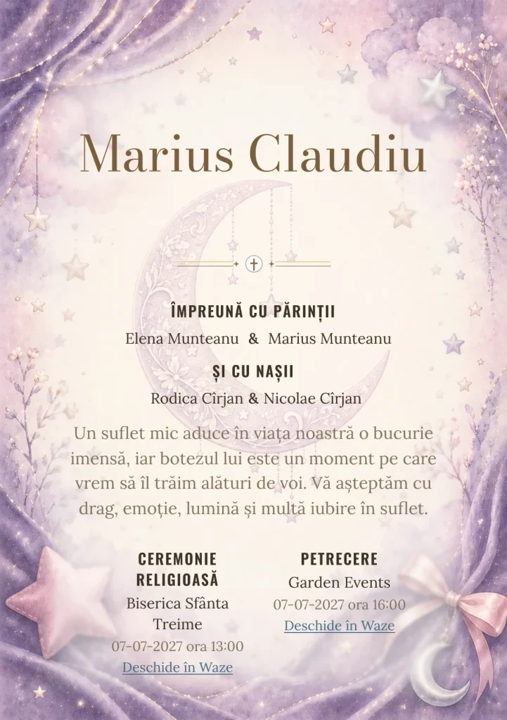Lună de Catifea propune, pentru invitații digitale, lună catifelată și mov lavandă și roz prăfuit.