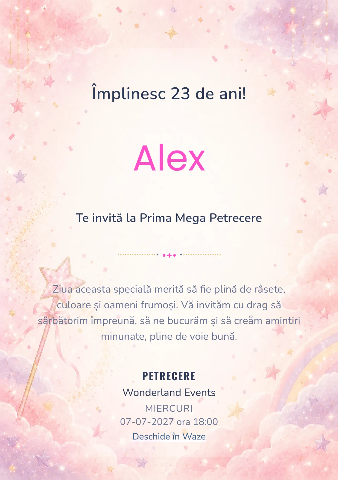 Invitație digitală de zi de naștere Magie Roz, fundal pastel cu baghetă magică, stele roz, nori și confetti