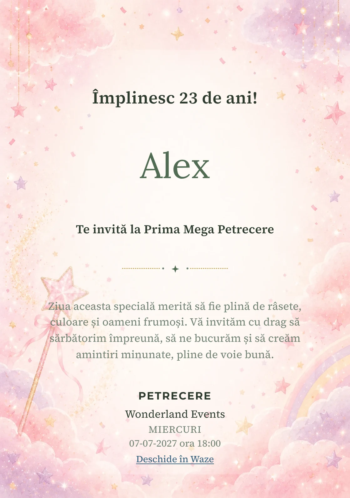 Invitație digitală de zi de naștere Magie Roz, fundal pastel cu baghetă magică, stele roz, nori și confetti