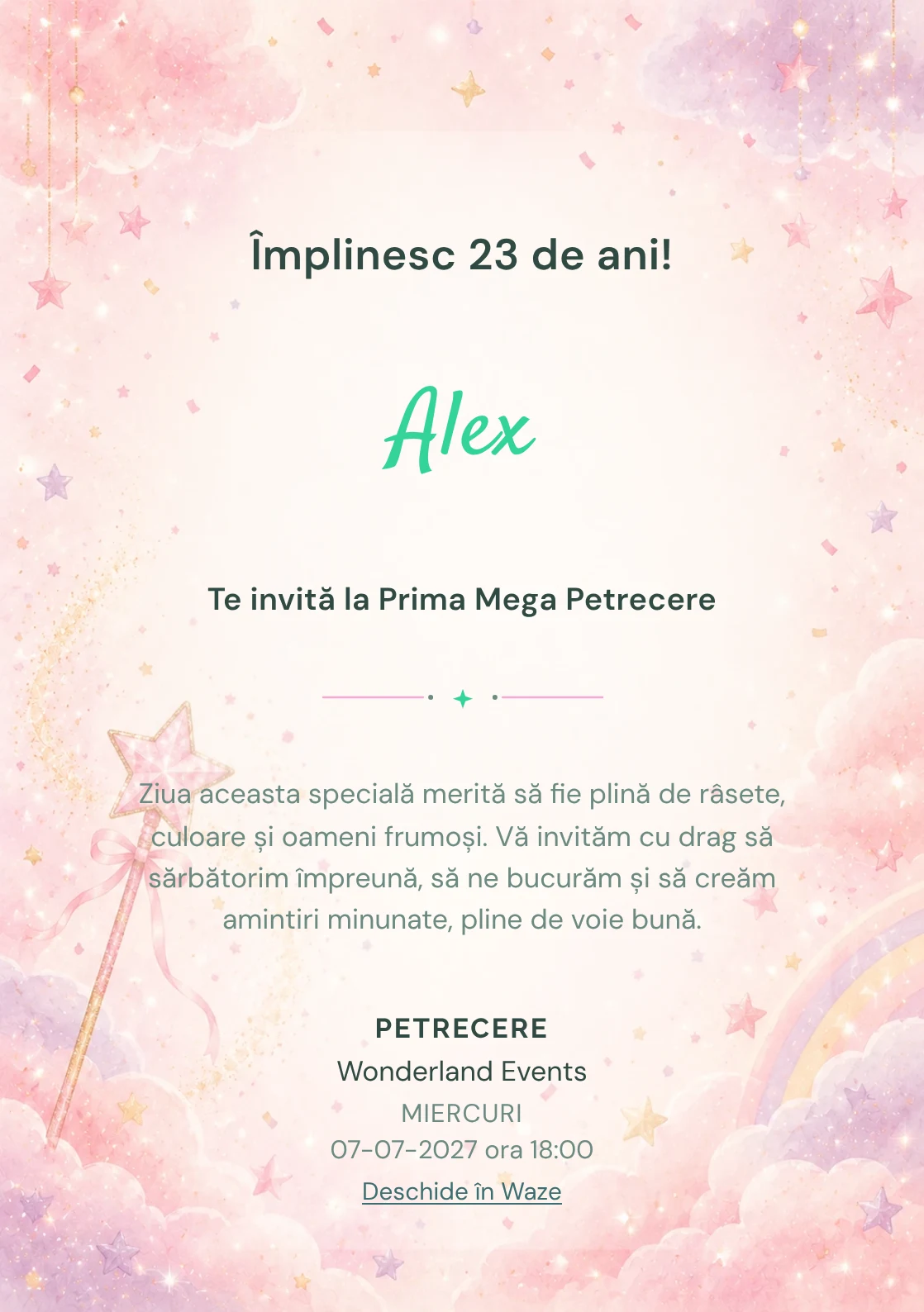 Invitație digitală de zi de naștere Magie Roz, fundal pastel cu baghetă magică, stele roz, nori și confetti