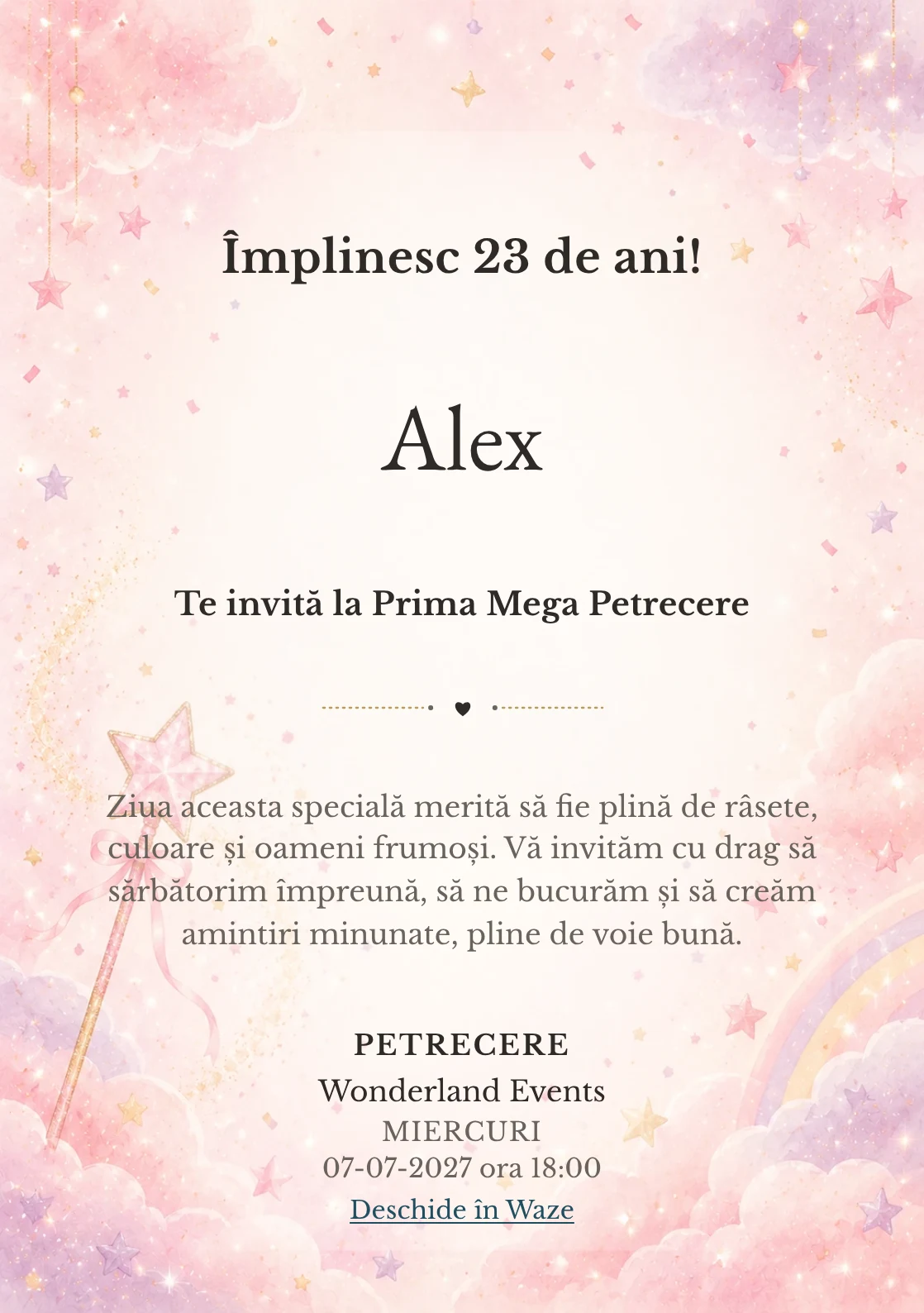 Invitație digitală de zi de naștere Magie Roz, fundal pastel cu baghetă magică, stele roz, nori și confetti