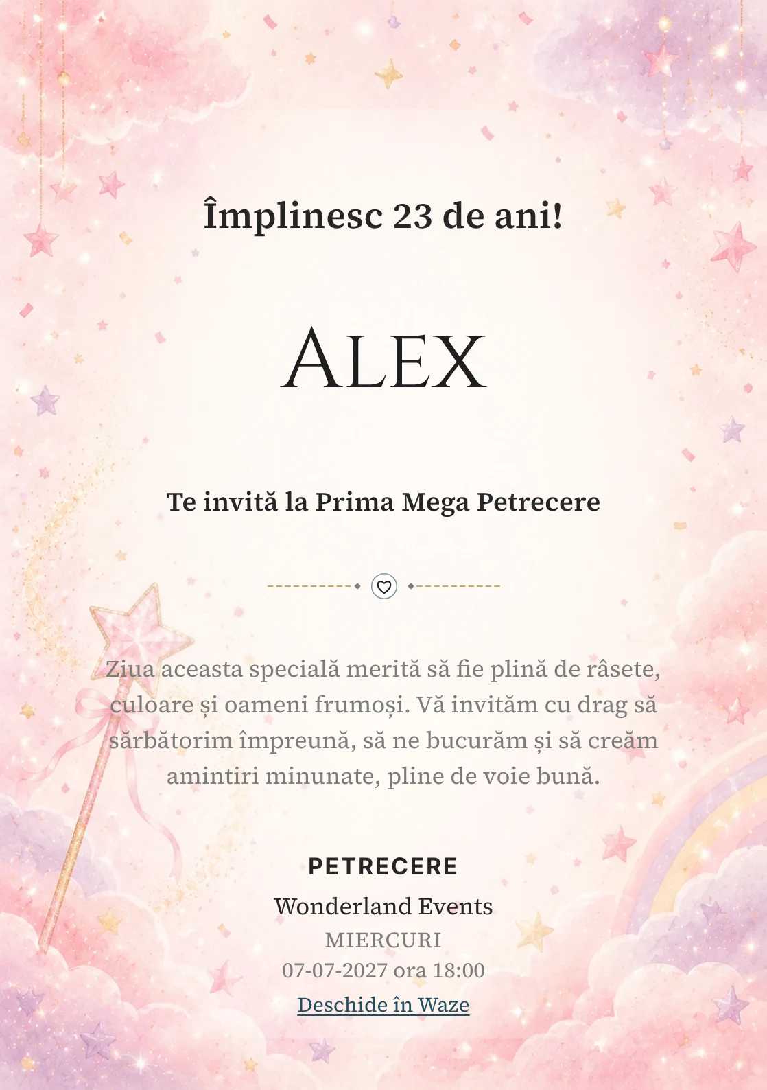 Invitație digitală de zi de naștere Magie Roz, fundal pastel cu baghetă magică, stele roz, nori și confetti