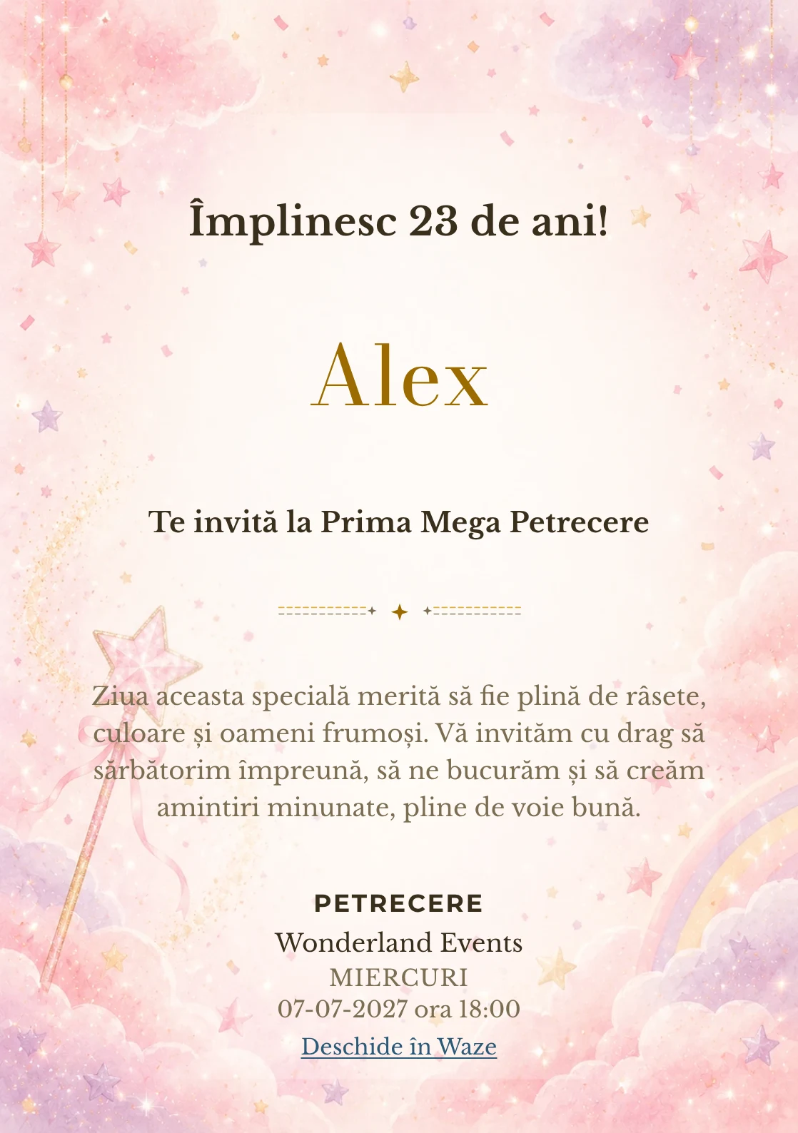 Invitație digitală de zi de naștere Magie Roz, fundal pastel cu baghetă magică, stele roz, nori și confetti