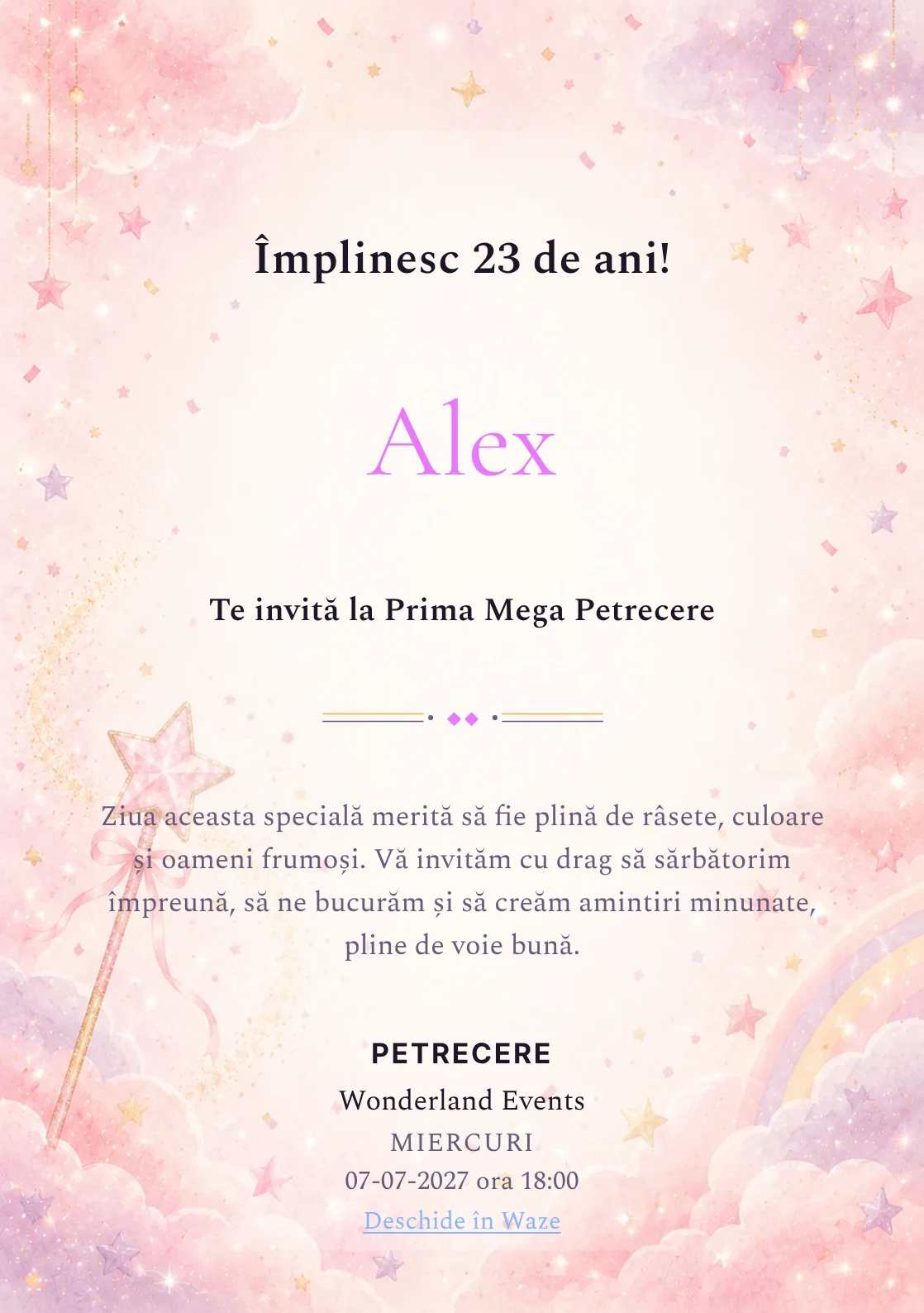 Invitație digitală de zi de naștere Magie Roz, fundal pastel cu baghetă magică, stele roz, nori și confetti