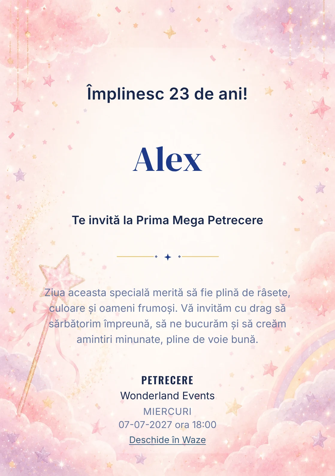 Invitație digitală de zi de naștere Magie Roz, fundal pastel cu baghetă magică, stele roz, nori și confetti
