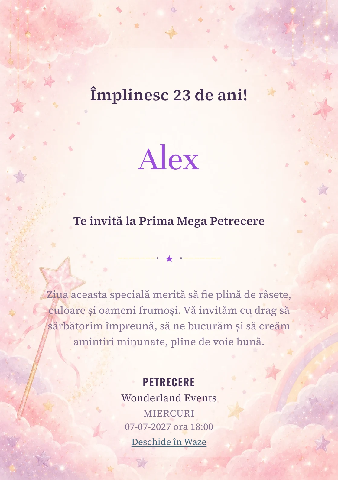 Invitație digitală de zi de naștere Magie Roz, fundal pastel cu baghetă magică, stele roz, nori și confetti