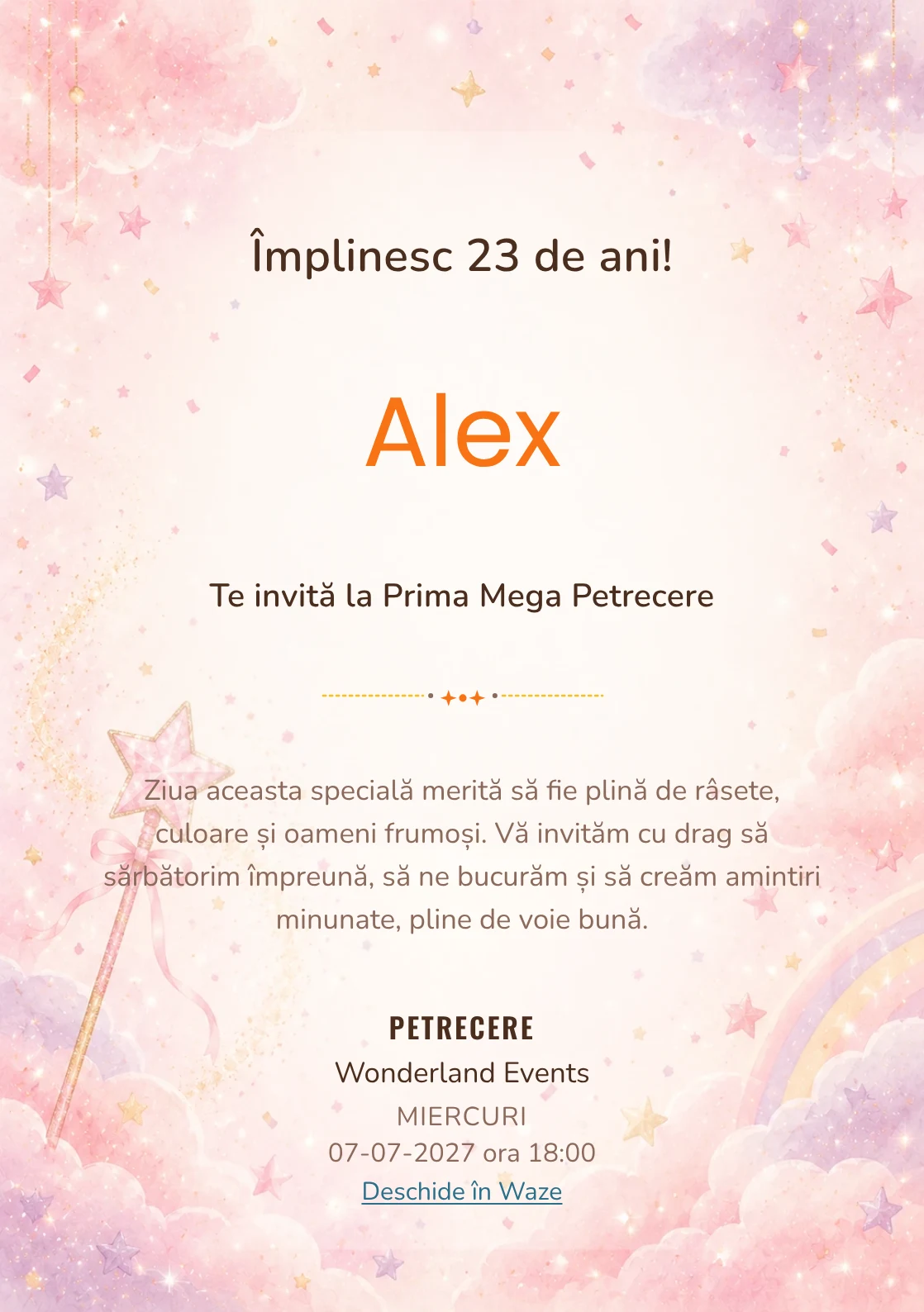 Invitație digitală de zi de naștere Magie Roz, fundal pastel cu baghetă magică, stele roz, nori și confetti