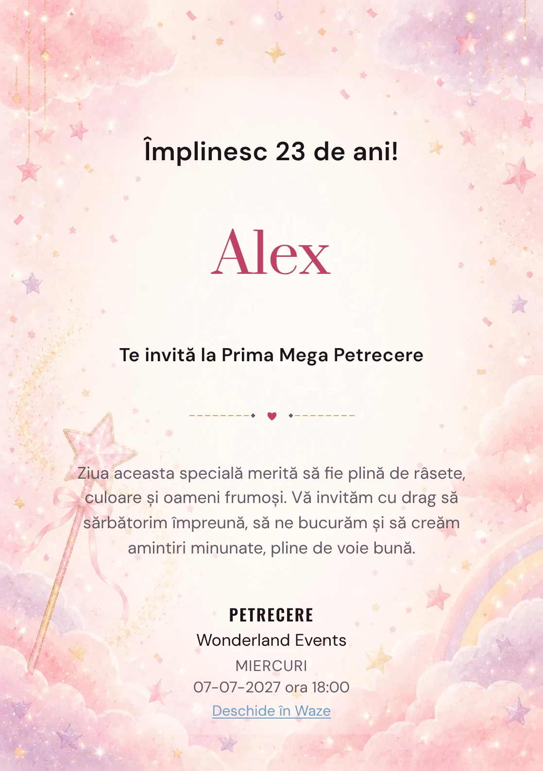 Invitație digitală de zi de naștere Magie Roz, fundal pastel cu baghetă magică, stele roz, nori și confetti