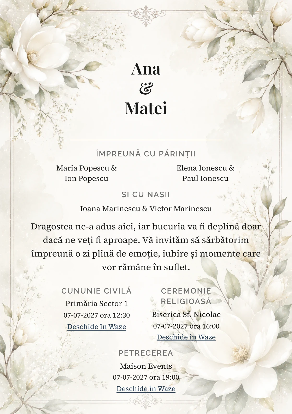 Invitație digitală de nuntă Magnolia Albă, fundal cu magnolii albe, potrivit pentru pachetele Basic și Premium