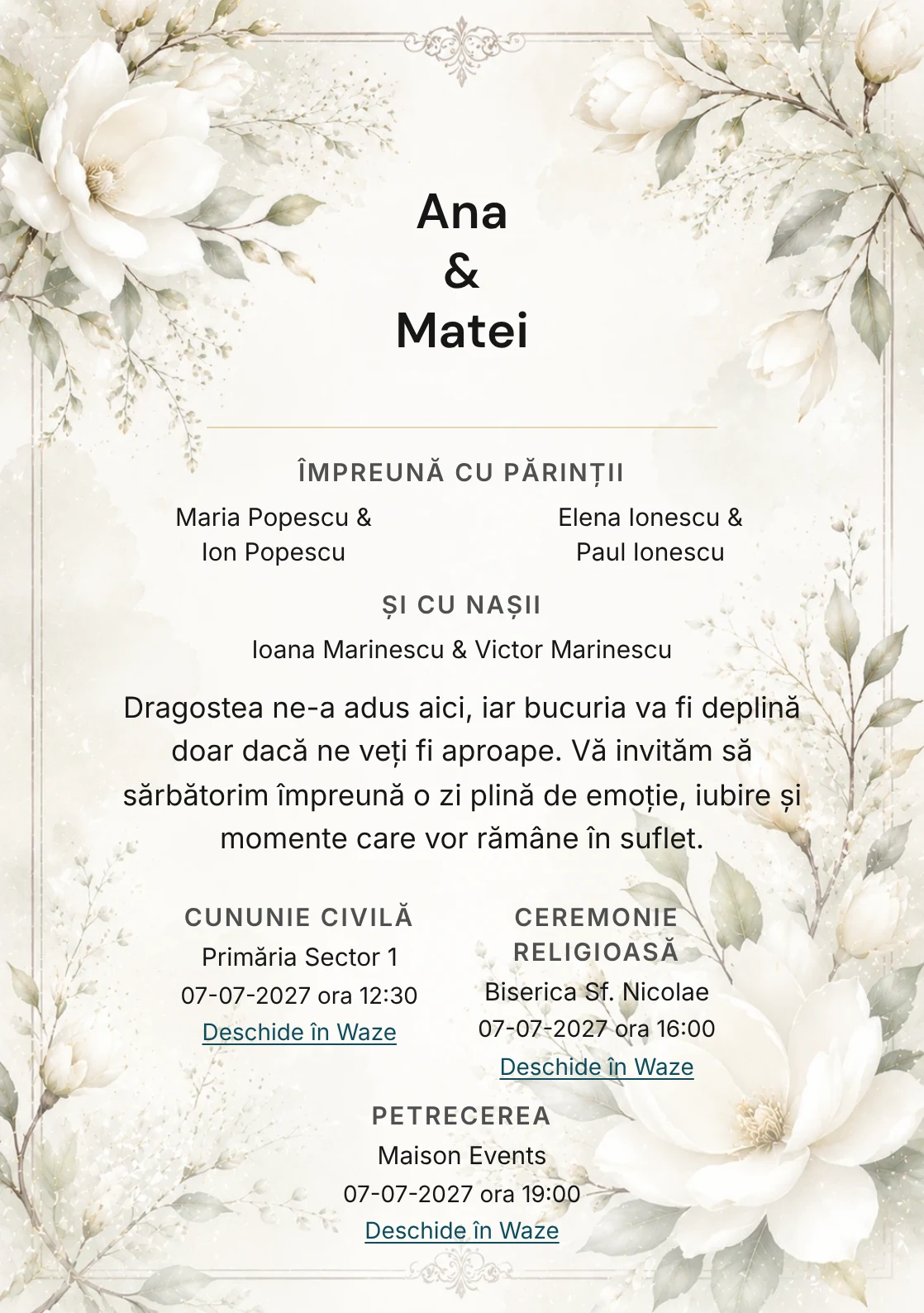 Invitație digitală de nuntă Magnolia Albă, fundal cu magnolii albe, potrivit pentru pachetele Basic și Premium