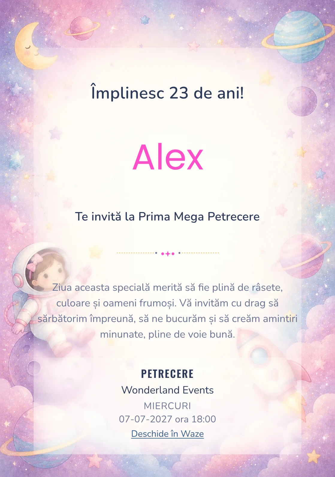 Invitație digitală de zi de naștere Micii Astronauți, fundal pastel cu astronaută, planete pastel și stele laterale