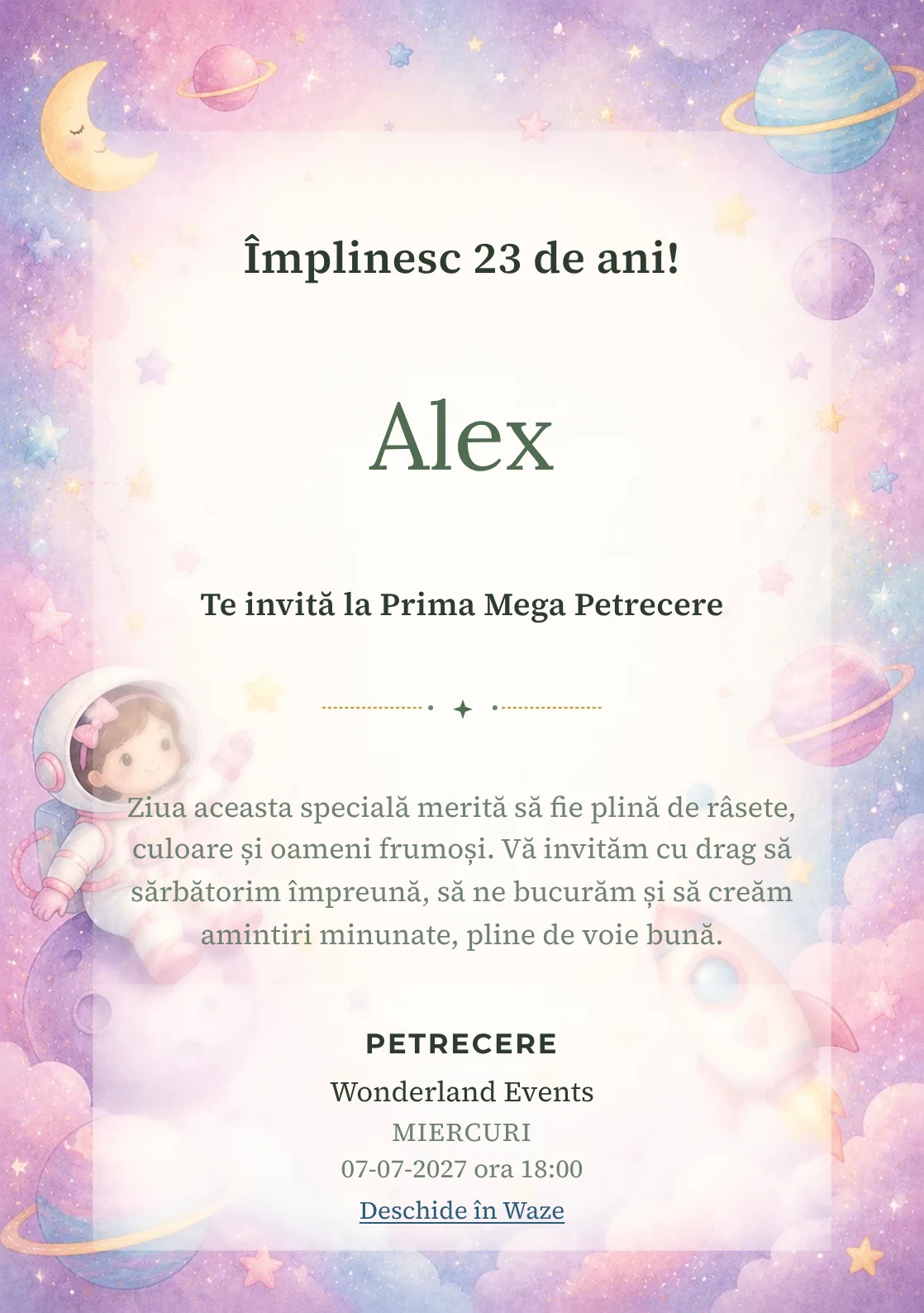 Invitație digitală de zi de naștere Micii Astronauți, fundal pastel cu astronaută, planete pastel și stele laterale