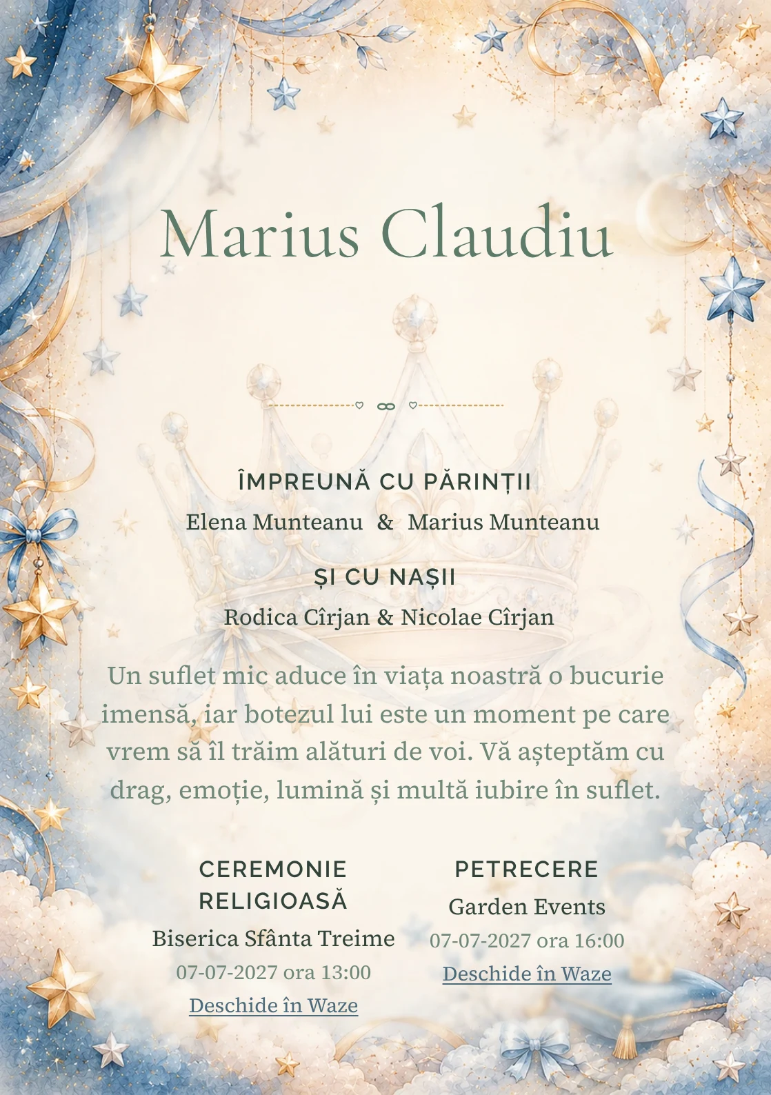 Invitație digitală de botez Micul Prinț, fundal cu coroniță fină, albastru regal estompat, argintiu perlat și aur mat și centru luminos pentru text