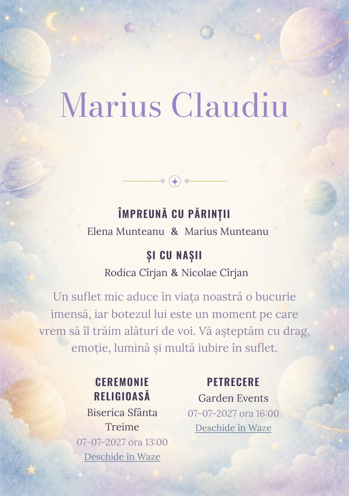Invitație digitală de botez Micul Univers, fundal cu planete pastel pe margini, stele, nori fini, albastru cosmic pal și lila rece și centru luminos pentru text