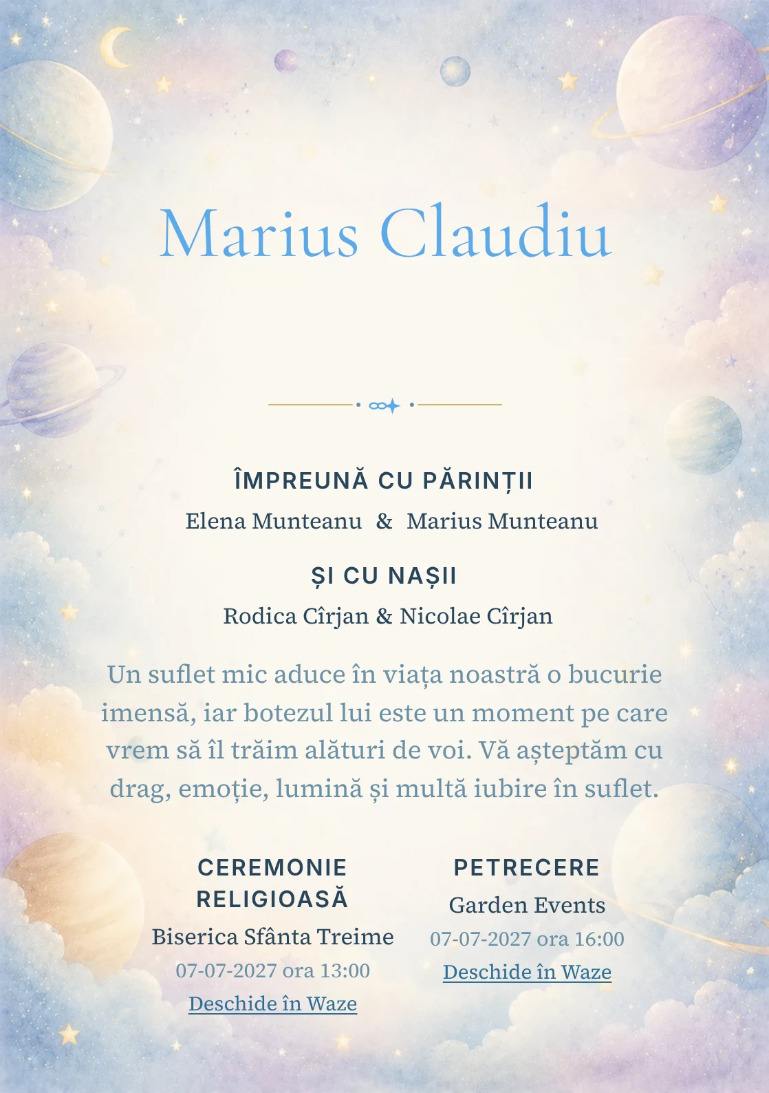 Invitație digitală de botez Micul Univers, fundal cu planete pastel pe margini, stele, nori fini, albastru cosmic pal și lila rece și centru luminos pentru text