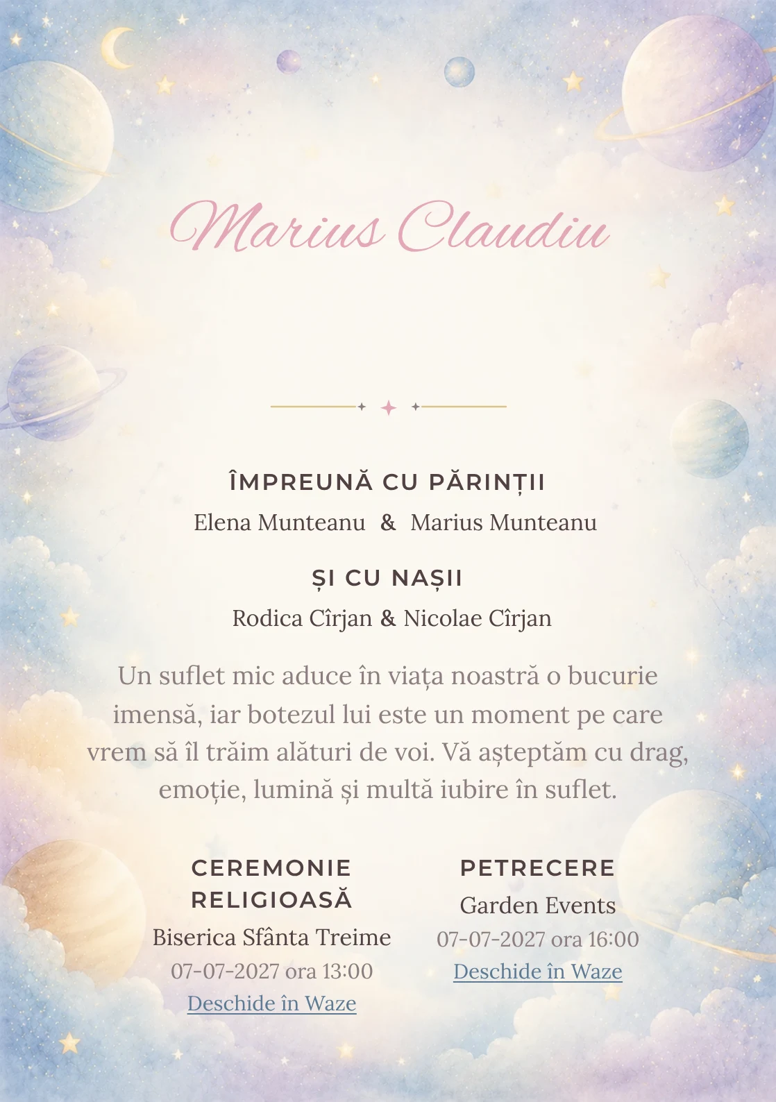 Invitație digitală de botez Micul Univers, fundal cu planete pastel pe margini, stele, nori fini, albastru cosmic pal și lila rece și centru luminos pentru text