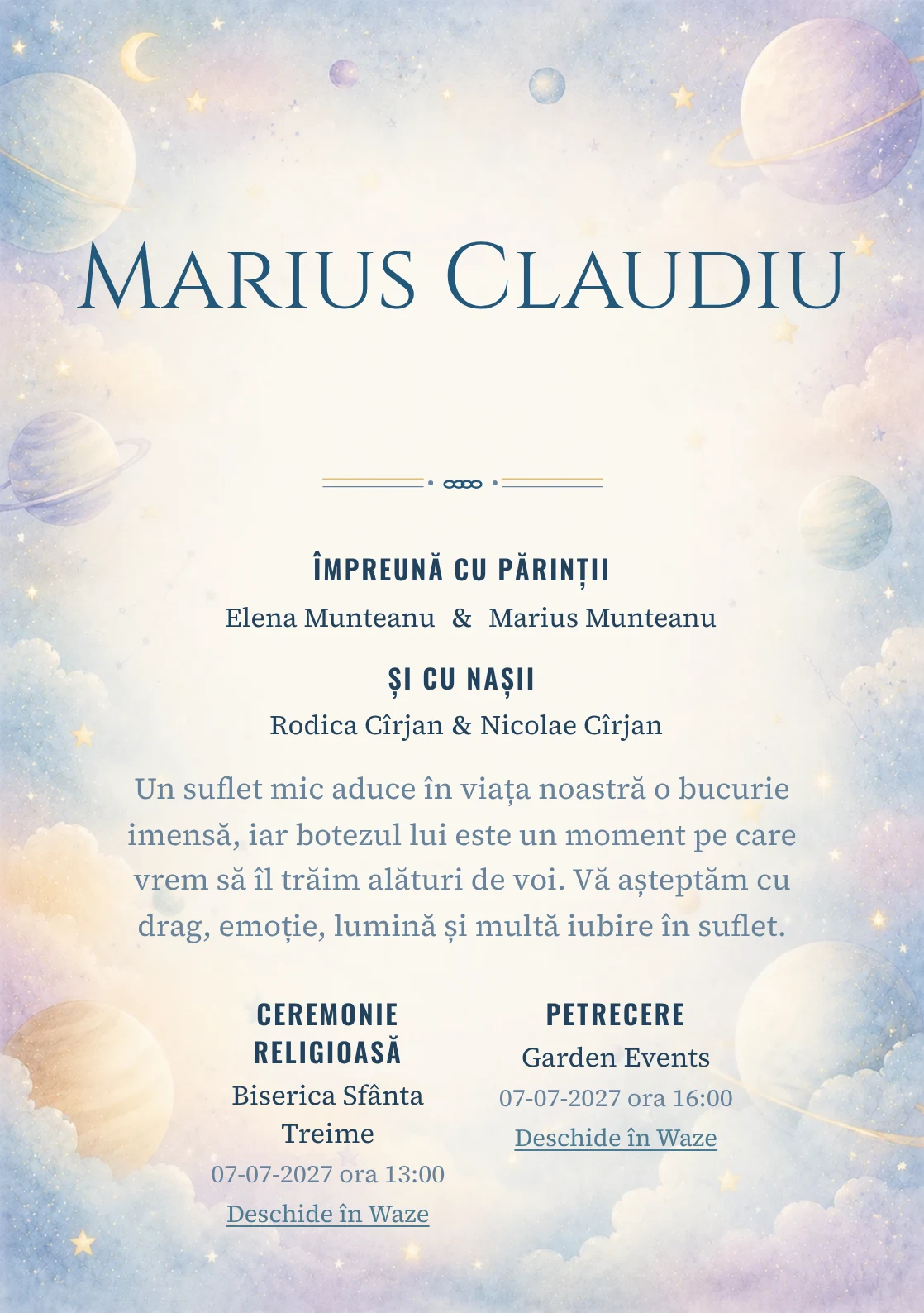 Invitație digitală de botez Micul Univers, fundal cu planete pastel pe margini, stele, nori fini, albastru cosmic pal și lila rece și centru luminos pentru text