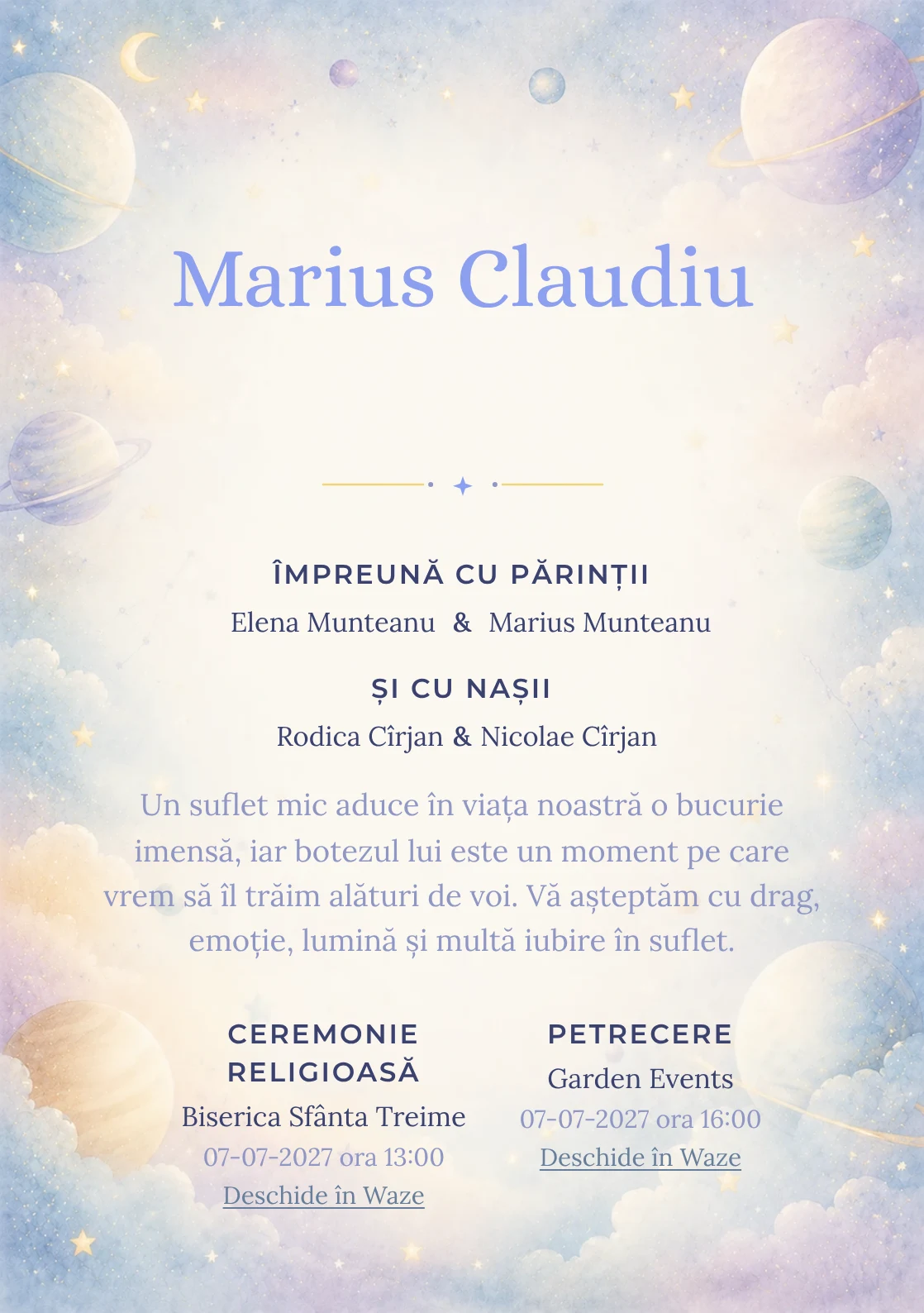 Invitație digitală de botez Micul Univers, fundal cu planete pastel pe margini, stele, nori fini, albastru cosmic pal și lila rece și centru luminos pentru text