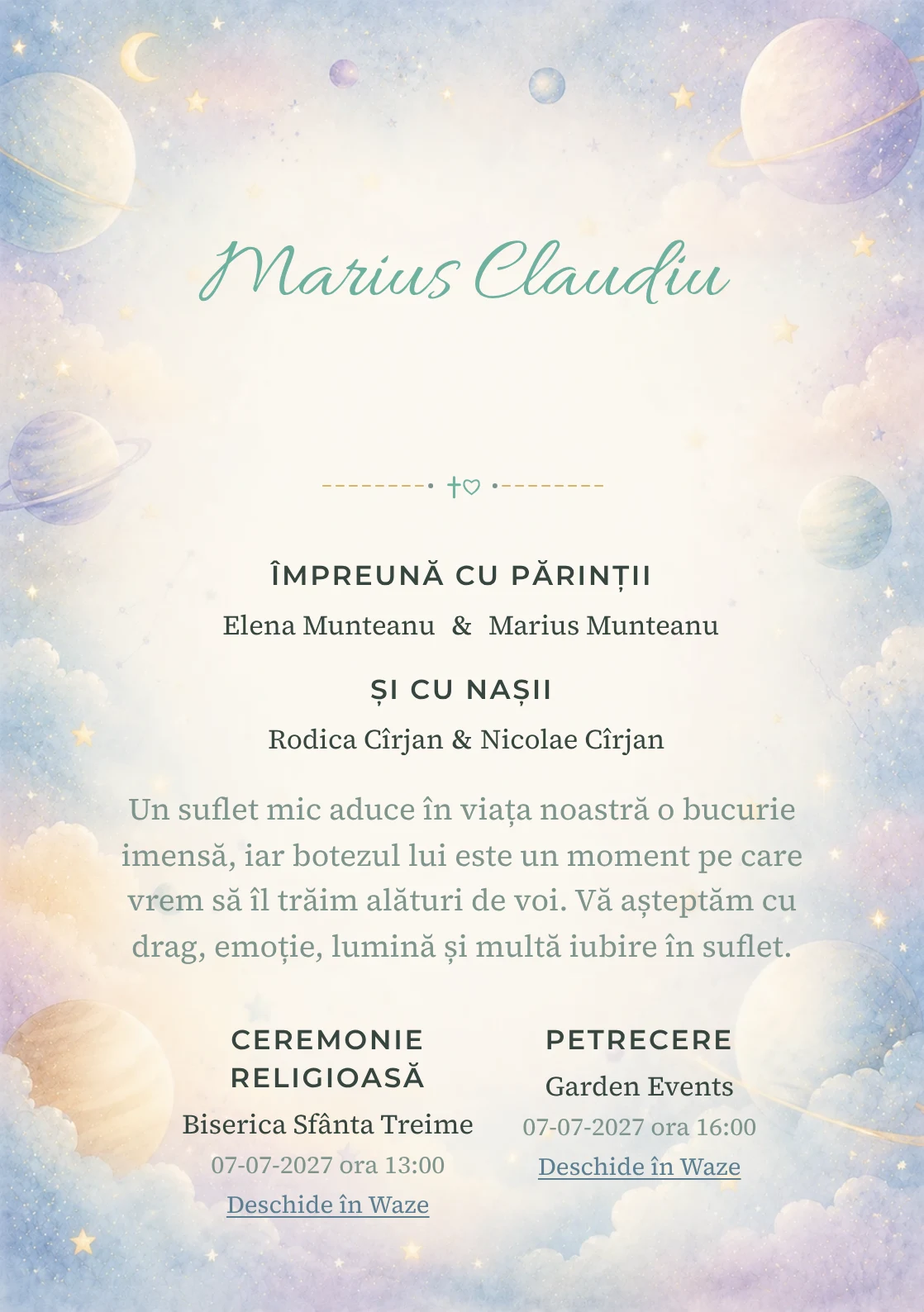 Invitație digitală de botez Micul Univers, fundal cu planete pastel pe margini, stele, nori fini, albastru cosmic pal și lila rece și centru luminos pentru text