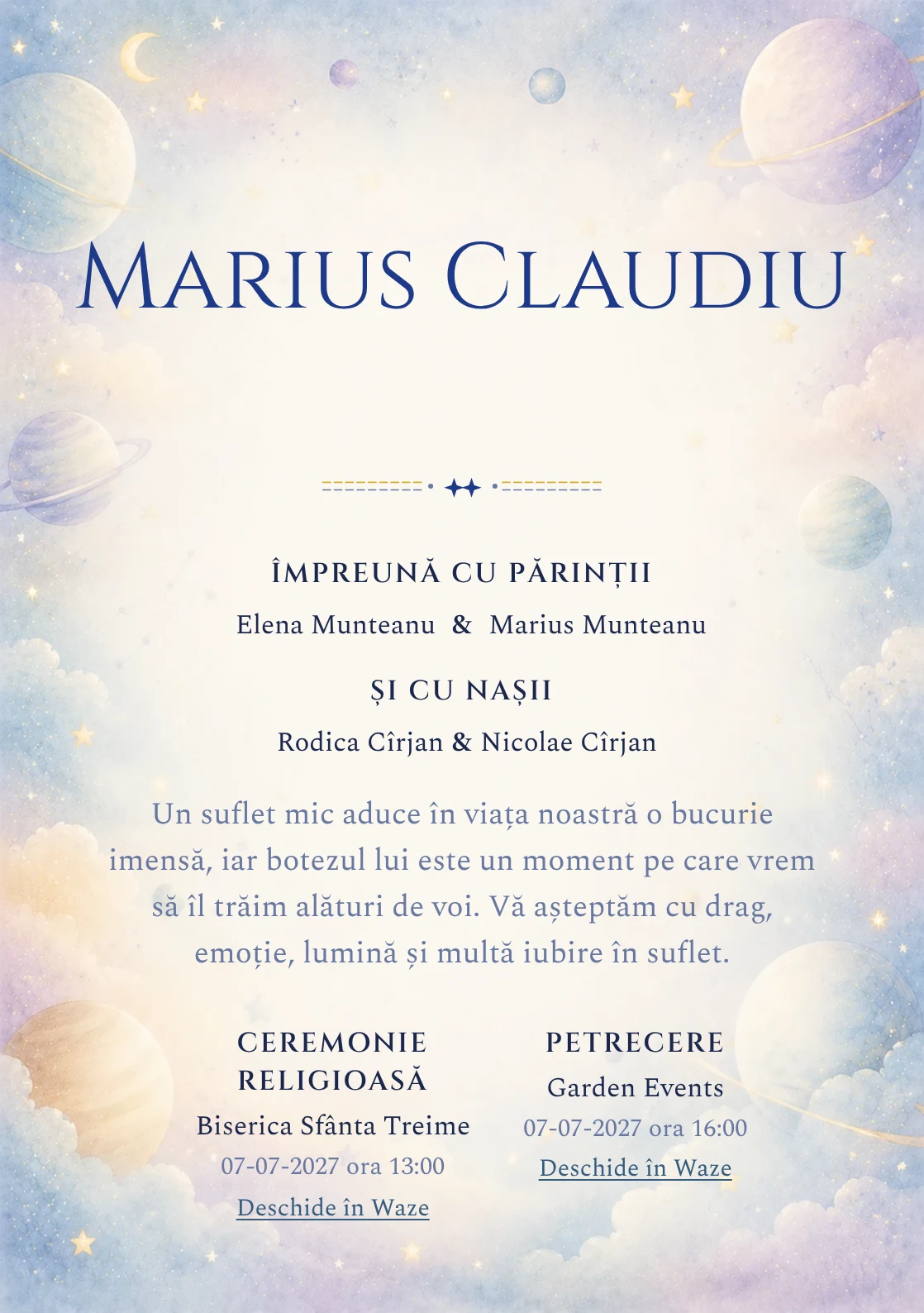 Invitație digitală de botez Micul Univers, fundal cu planete pastel pe margini, stele, nori fini, albastru cosmic pal și lila rece și centru luminos pentru text