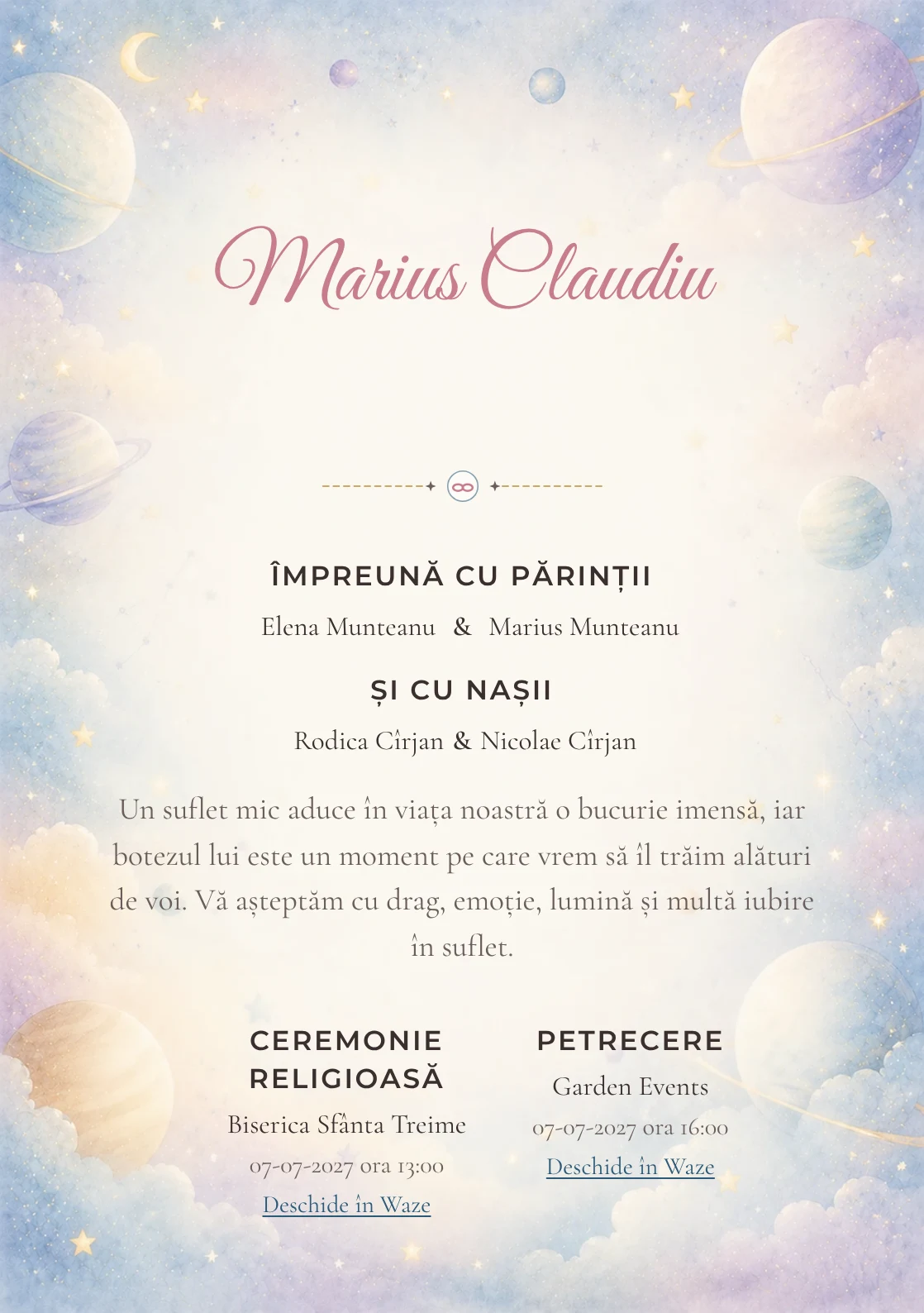 Invitație digitală de botez Micul Univers, fundal cu planete pastel pe margini, stele, nori fini, albastru cosmic pal și lila rece și centru luminos pentru text