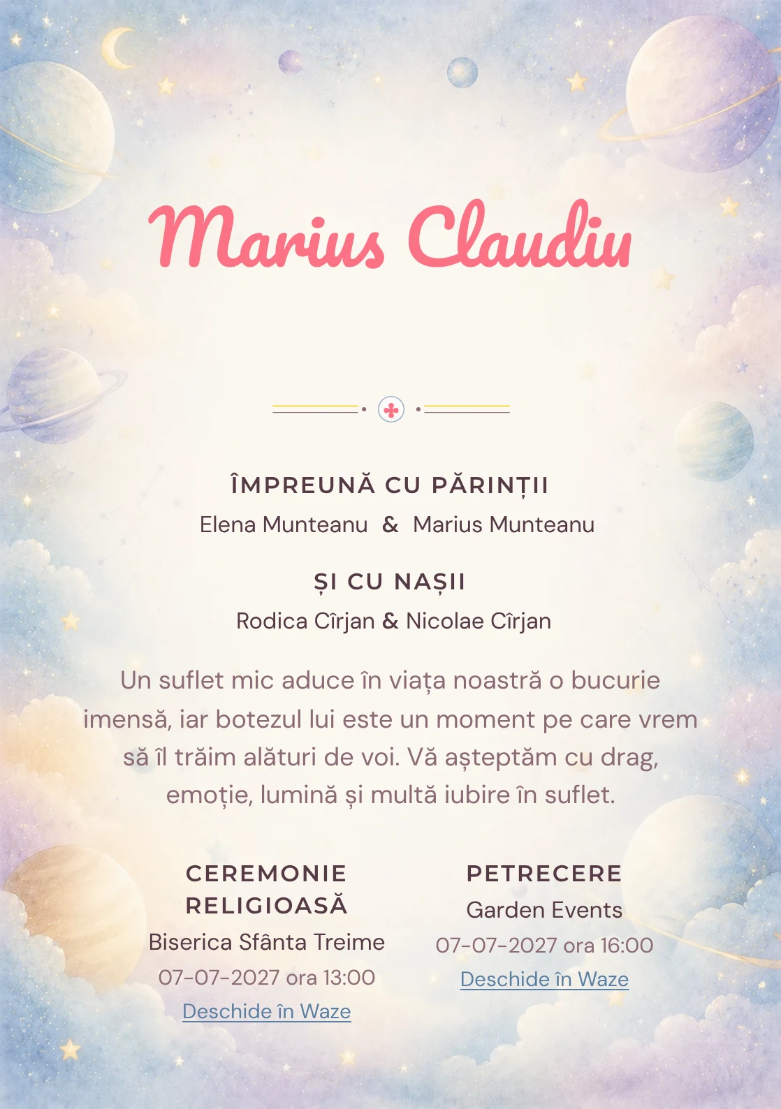 Invitație digitală de botez Micul Univers, fundal cu planete pastel pe margini, stele, nori fini, albastru cosmic pal și lila rece și centru luminos pentru text