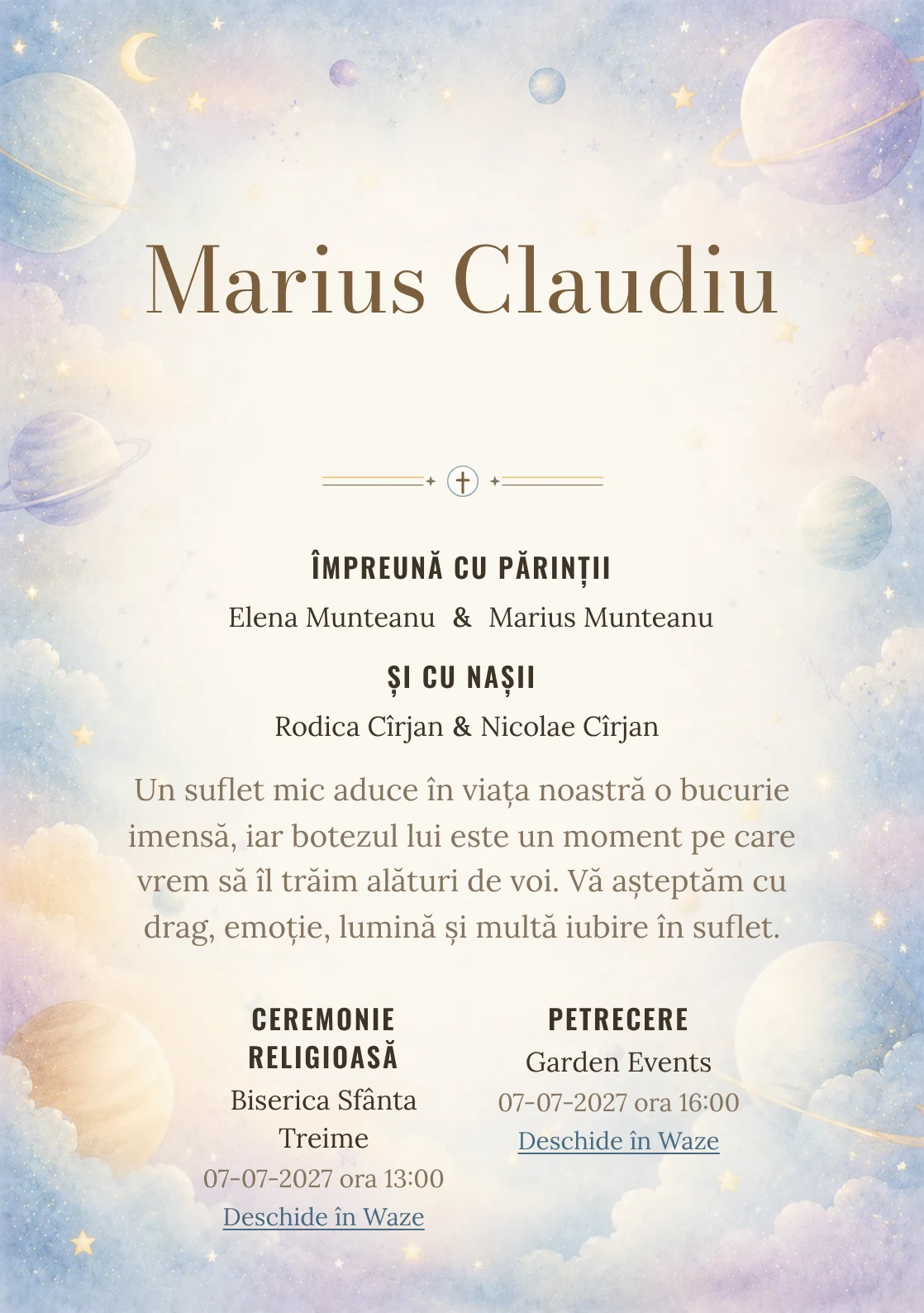 Invitație digitală de botez Micul Univers, fundal cu planete pastel pe margini, stele, nori fini, albastru cosmic pal și lila rece și centru luminos pentru text