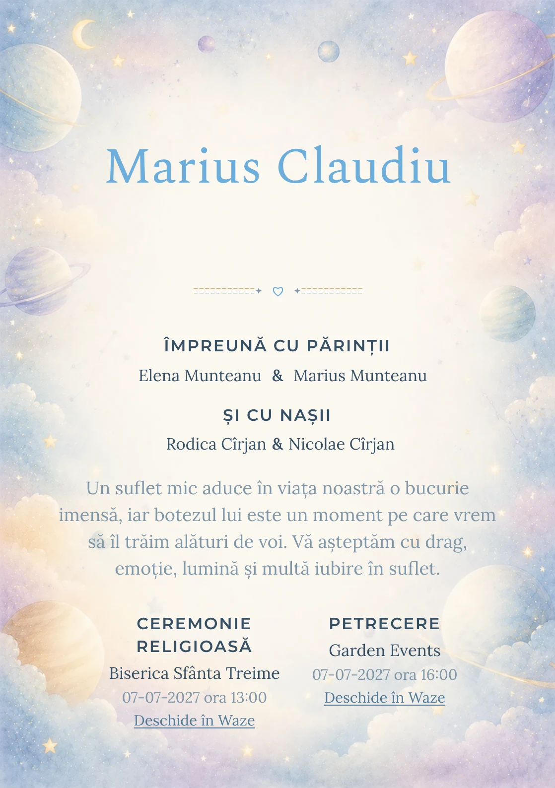 Invitație digitală de botez Micul Univers, fundal cu planete pastel pe margini, stele, nori fini, albastru cosmic pal și lila rece și centru luminos pentru text