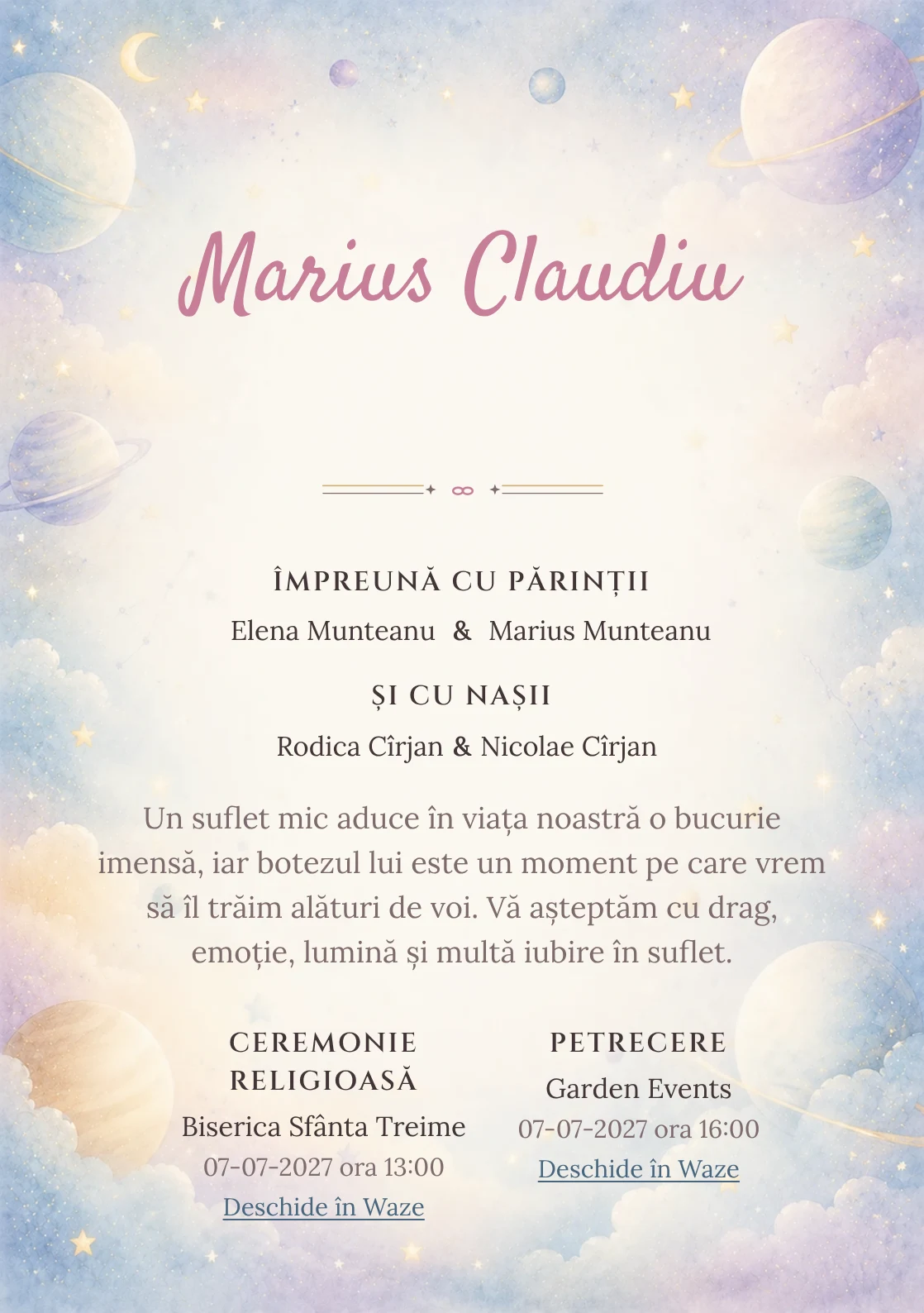 Invitație digitală de botez Micul Univers, fundal cu planete pastel pe margini, stele, nori fini, albastru cosmic pal și lila rece și centru luminos pentru text