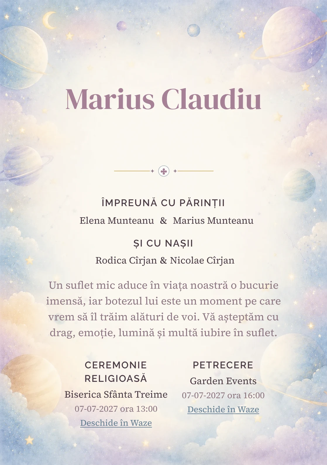 Invitație digitală de botez Micul Univers, fundal cu planete pastel pe margini, stele, nori fini, albastru cosmic pal și lila rece și centru luminos pentru text