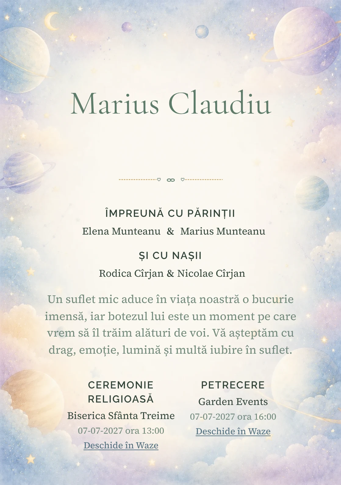 Invitație digitală de botez Micul Univers, fundal cu planete pastel pe margini, stele, nori fini, albastru cosmic pal și lila rece și centru luminos pentru text