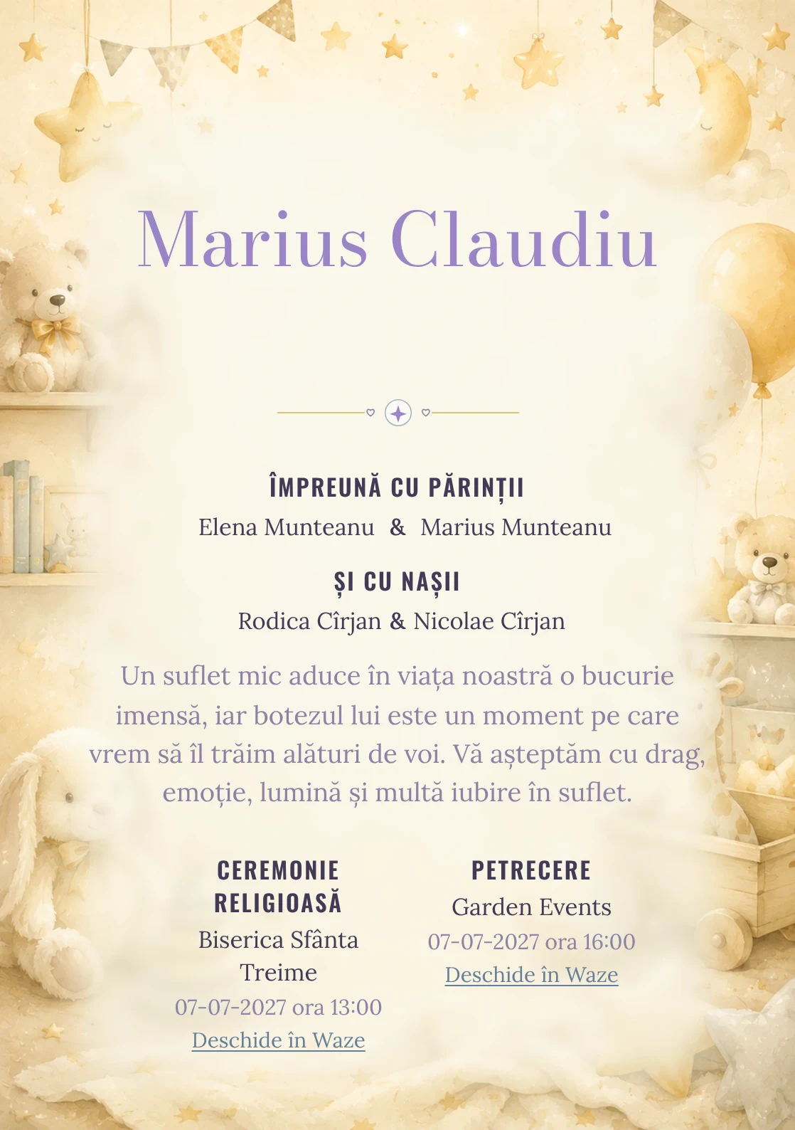 Invitație digitală de botez Micuțul Miracol, fundal cu decor luminos de cameră de copil, jucării fine, stele mici și tonuri crem-vanilie și centru luminos pentru text