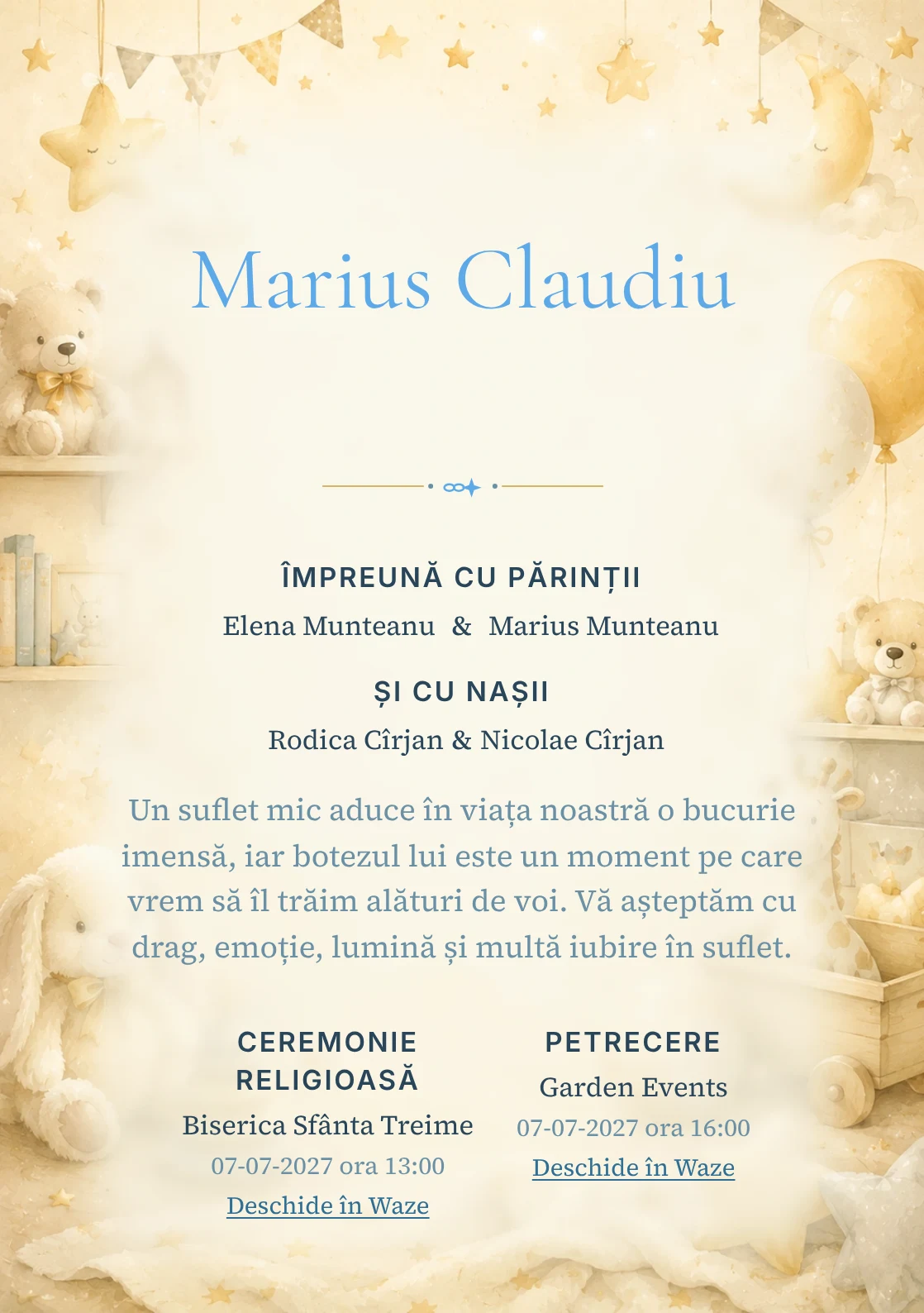 Invitație digitală de botez Micuțul Miracol, fundal cu decor luminos de cameră de copil, jucării fine, stele mici și tonuri crem-vanilie și centru luminos pentru text
