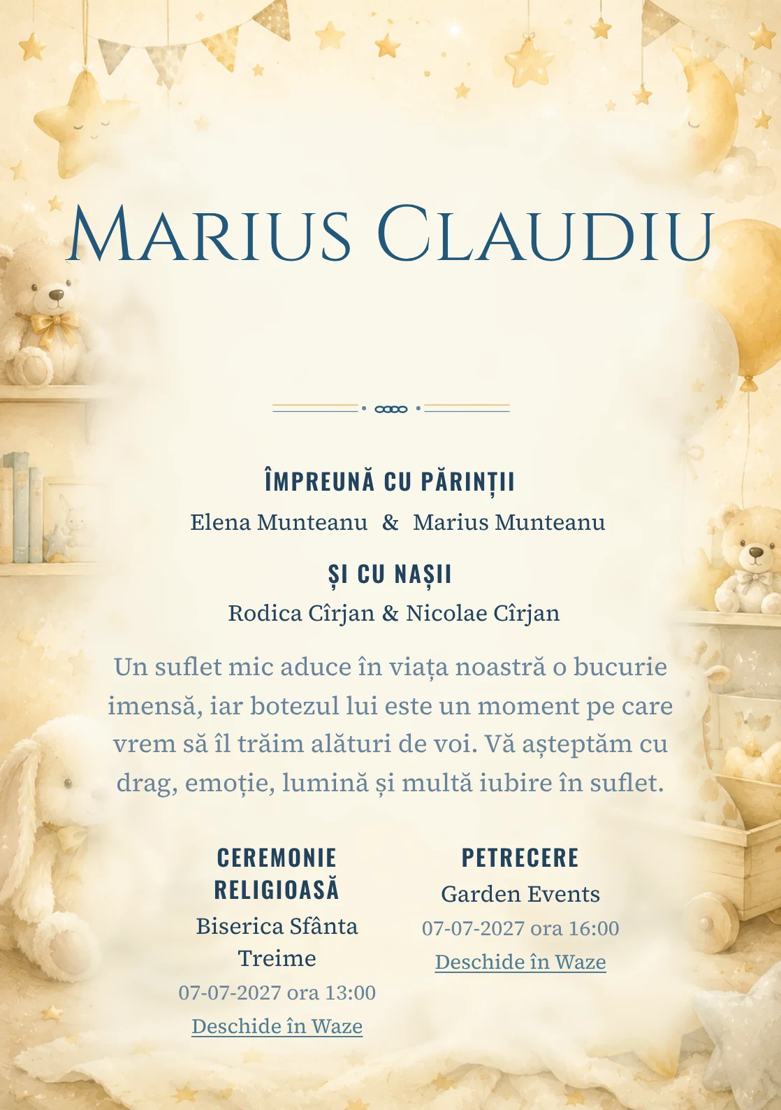Invitație digitală de botez Micuțul Miracol, fundal cu decor luminos de cameră de copil, jucării fine, stele mici și tonuri crem-vanilie și centru luminos pentru text