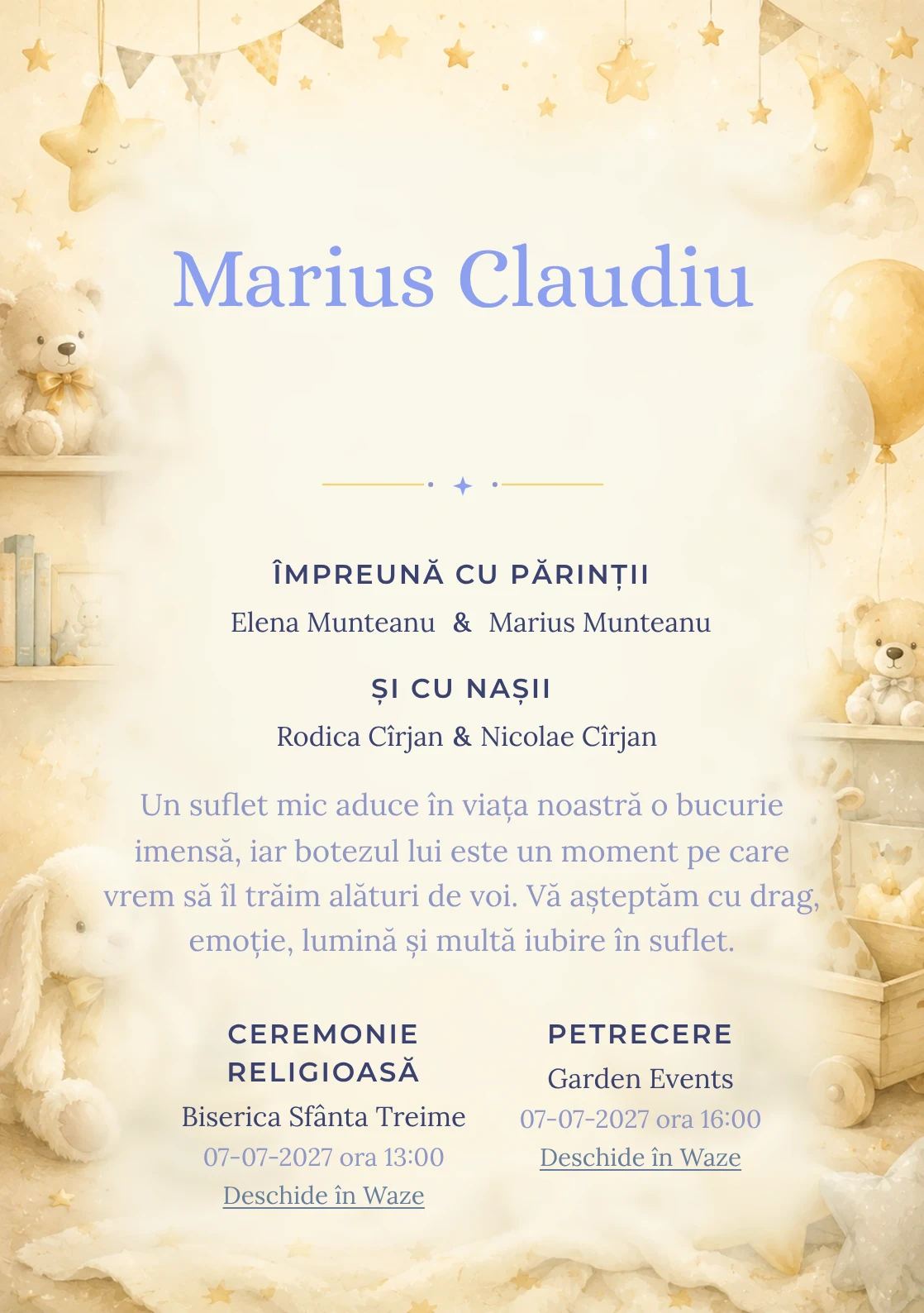 Invitație digitală de botez Micuțul Miracol, fundal cu decor luminos de cameră de copil, jucării fine, stele mici și tonuri crem-vanilie și centru luminos pentru text