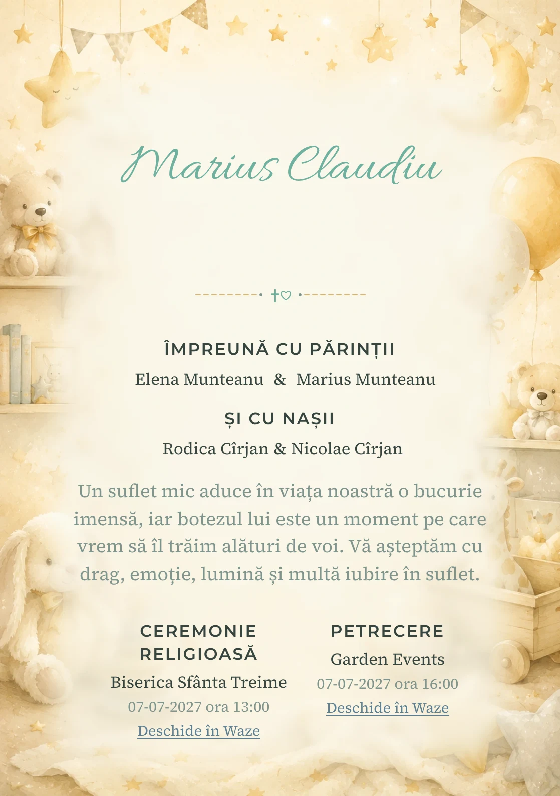 Invitație digitală de botez Micuțul Miracol, fundal cu decor luminos de cameră de copil, jucării fine, stele mici și tonuri crem-vanilie și centru luminos pentru text