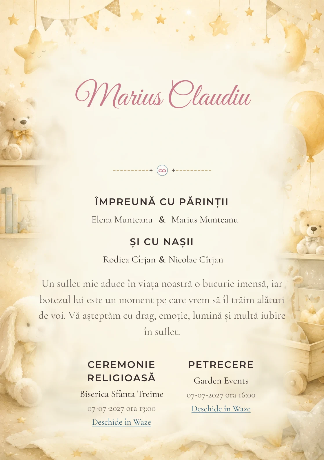 Invitație digitală de botez Micuțul Miracol, fundal cu decor luminos de cameră de copil, jucării fine, stele mici și tonuri crem-vanilie și centru luminos pentru text