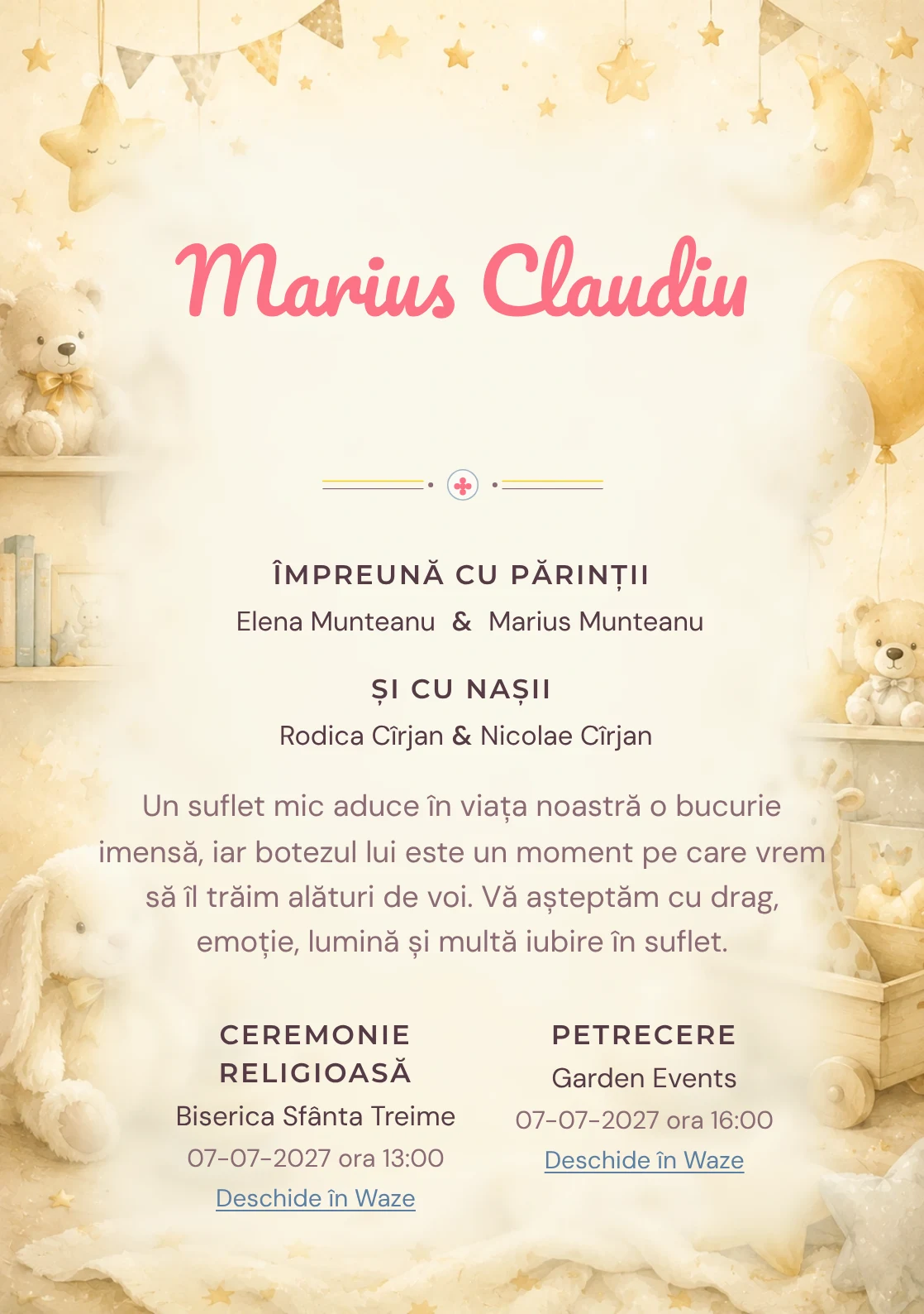 Invitație digitală de botez Micuțul Miracol, fundal cu decor luminos de cameră de copil, jucării fine, stele mici și tonuri crem-vanilie și centru luminos pentru text