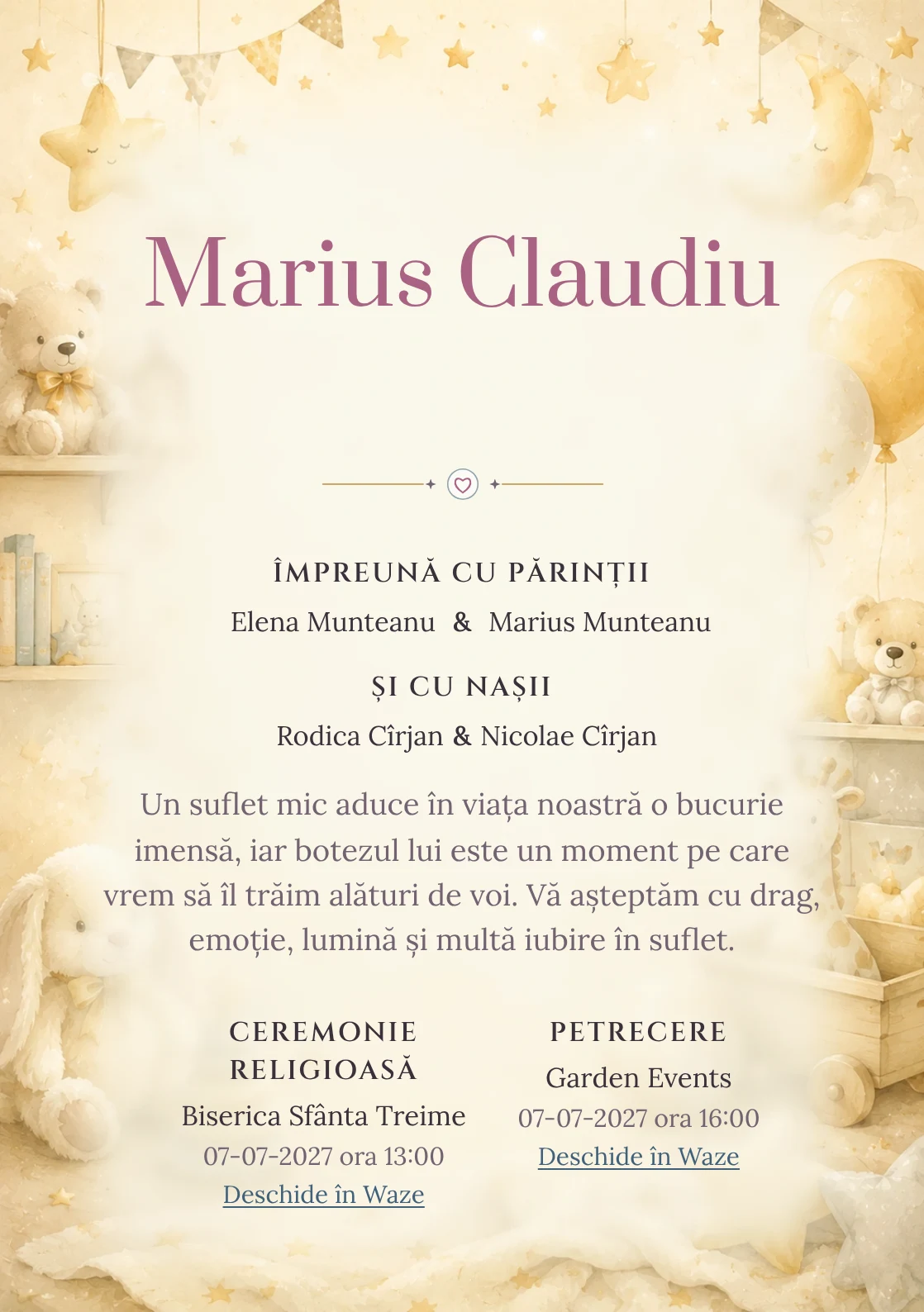 Invitație digitală de botez Micuțul Miracol, fundal cu decor luminos de cameră de copil, jucării fine, stele mici și tonuri crem-vanilie și centru luminos pentru text