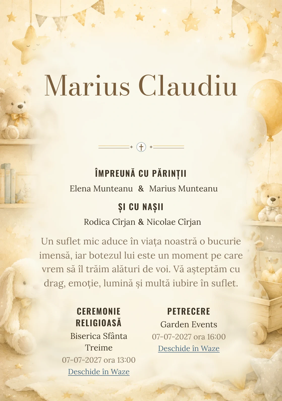 Invitație digitală de botez Micuțul Miracol, fundal cu decor luminos de cameră de copil, jucării fine, stele mici și tonuri crem-vanilie și centru luminos pentru text