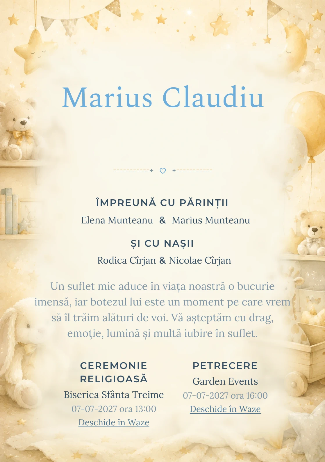 Invitație digitală de botez Micuțul Miracol, fundal cu decor luminos de cameră de copil, jucării fine, stele mici și tonuri crem-vanilie și centru luminos pentru text