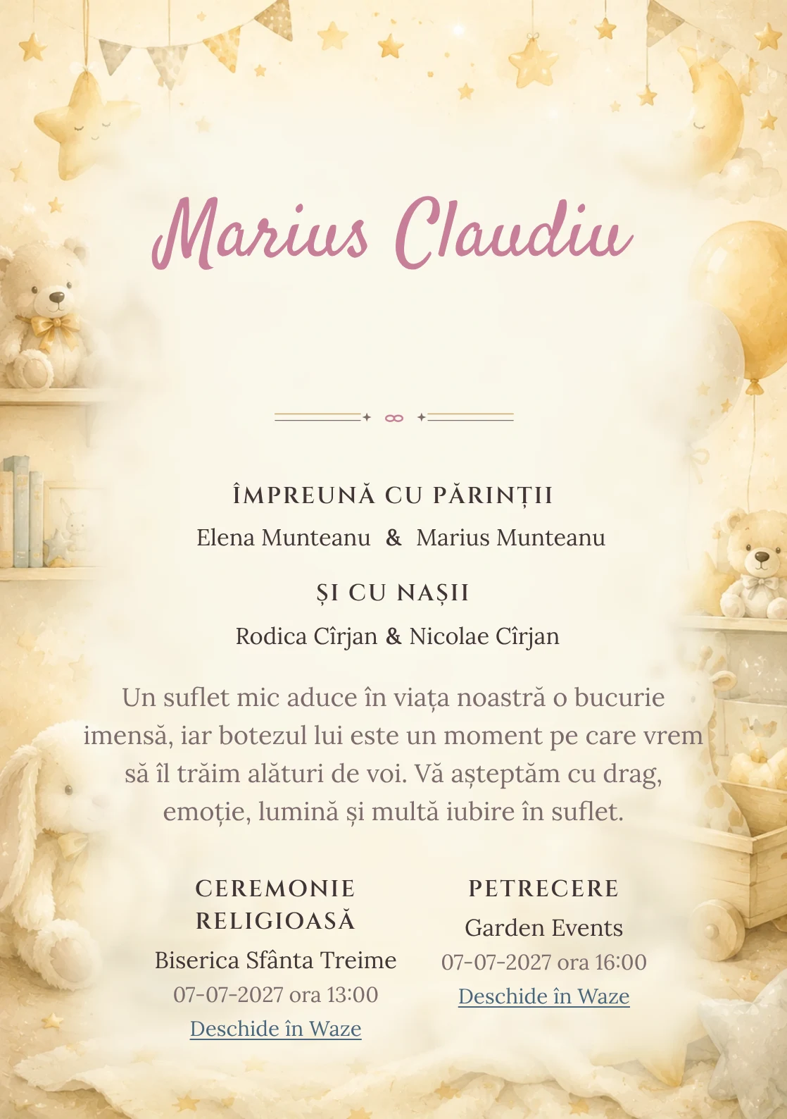 Invitație digitală de botez Micuțul Miracol, fundal cu decor luminos de cameră de copil, jucării fine, stele mici și tonuri crem-vanilie și centru luminos pentru text