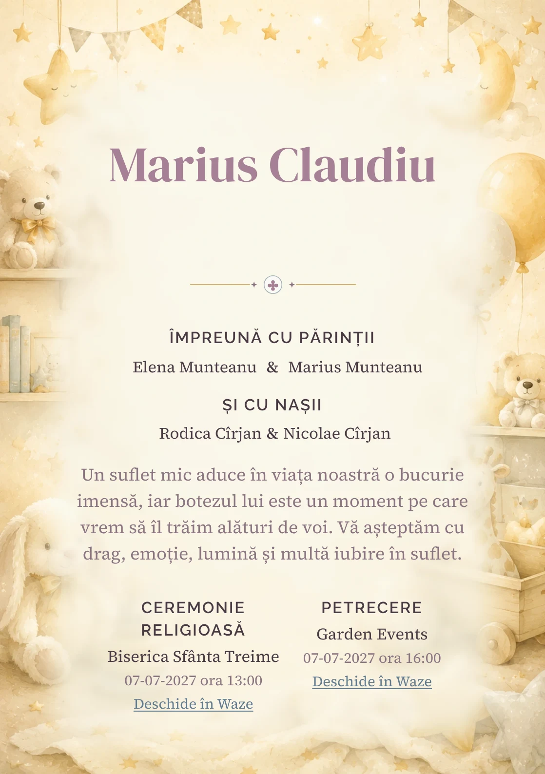 Invitație digitală de botez Micuțul Miracol, fundal cu decor luminos de cameră de copil, jucării fine, stele mici și tonuri crem-vanilie și centru luminos pentru text