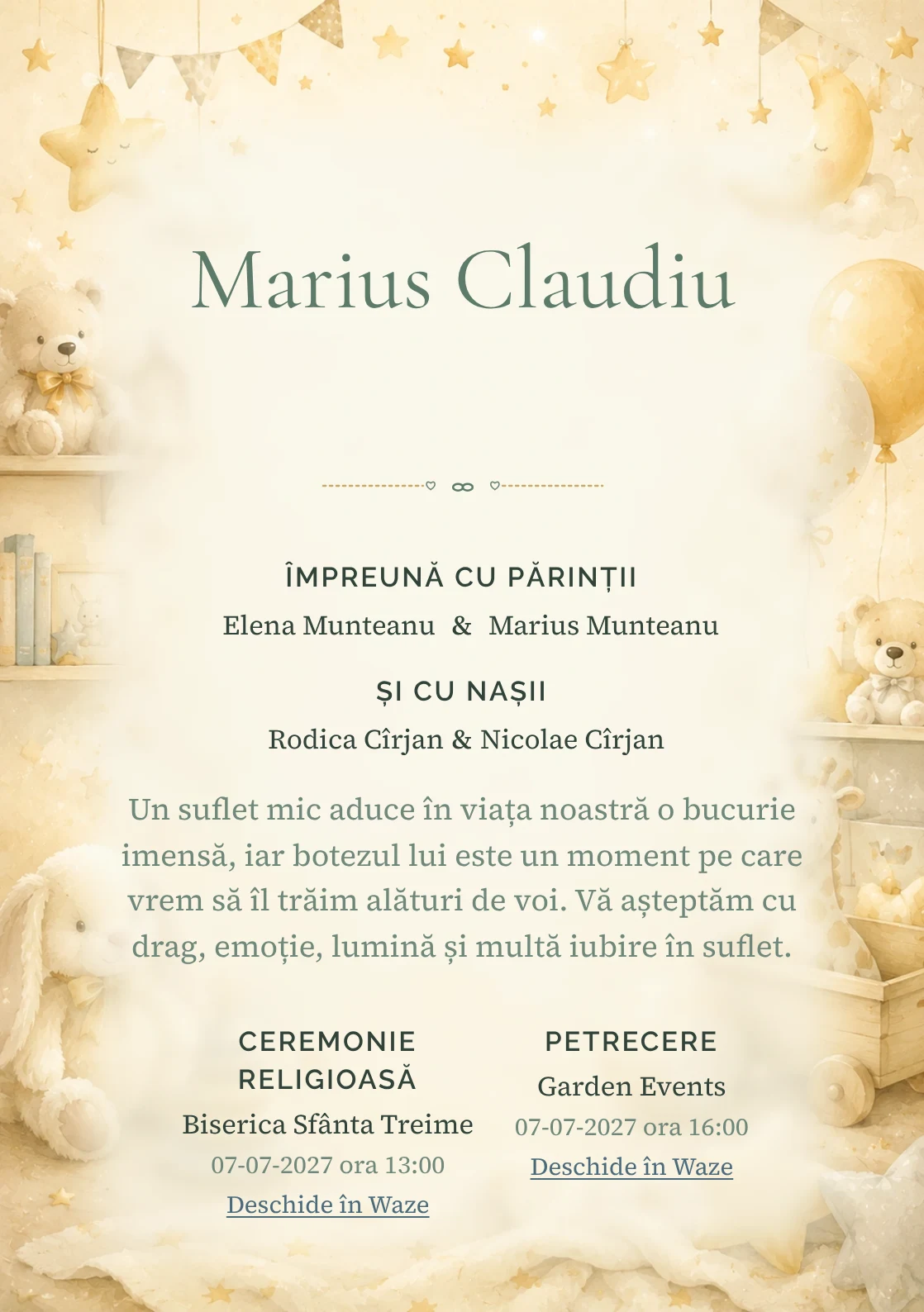 Invitație digitală de botez Micuțul Miracol, fundal cu decor luminos de cameră de copil, jucării fine, stele mici și tonuri crem-vanilie și centru luminos pentru text