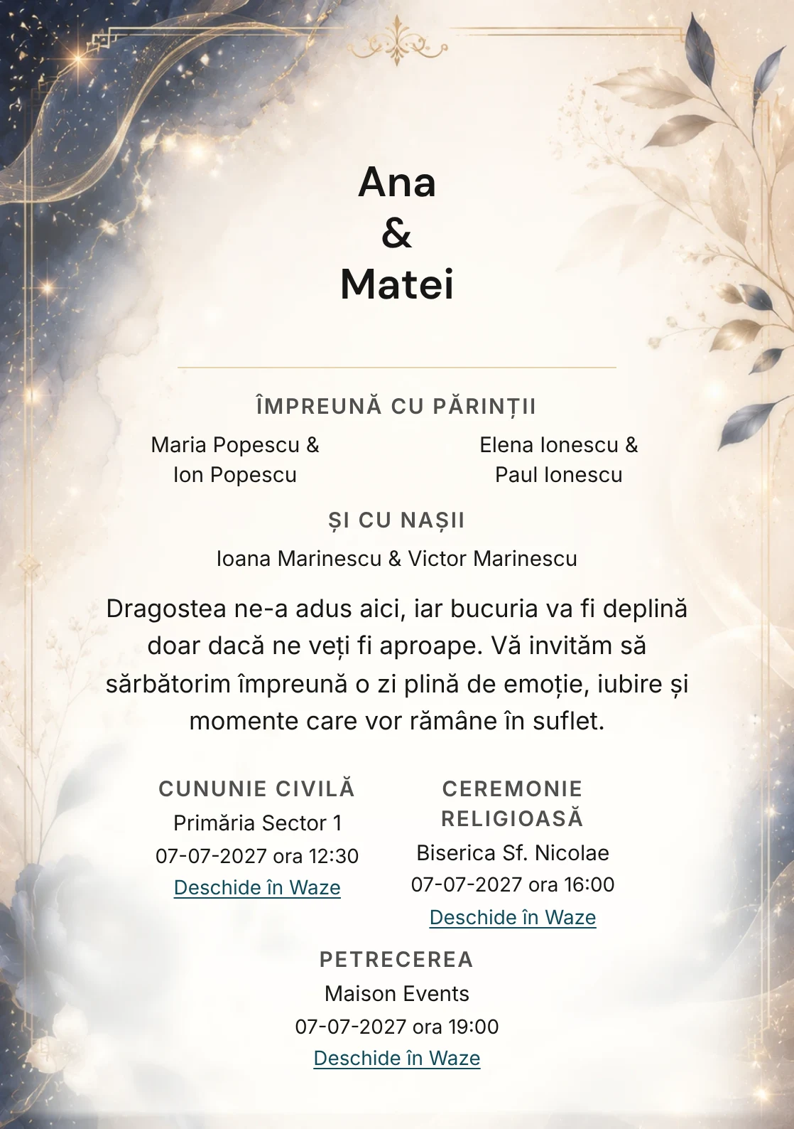 Invitație digitală de nuntă Midnight Champagne, fundal midnight champagne, potrivit pentru pachetele Basic și Premium